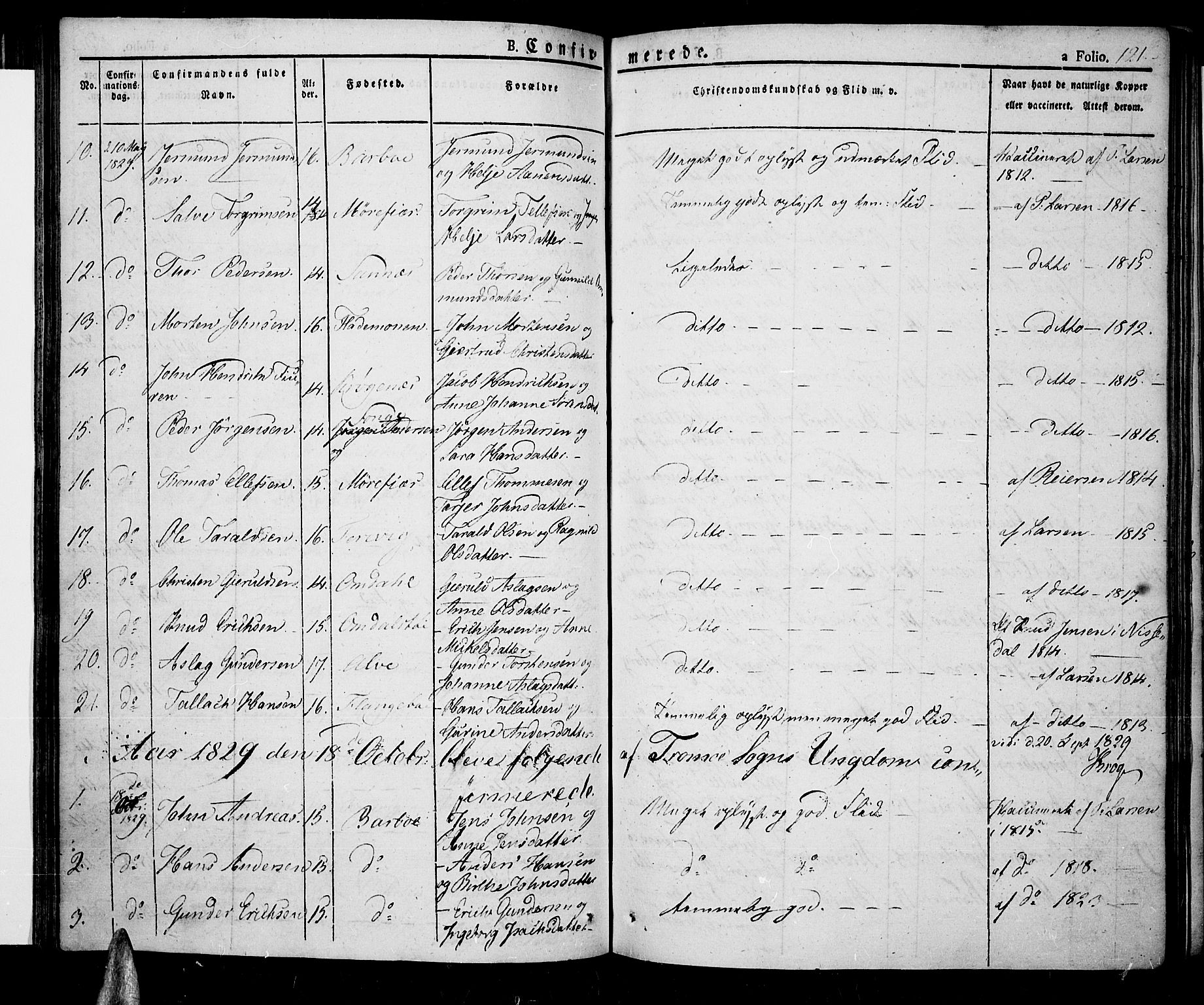 Tromøy sokneprestkontor, SAK/1111-0041/F/Fa/L0003: Parish register (official) no. A 3, 1825-1837, p. 121