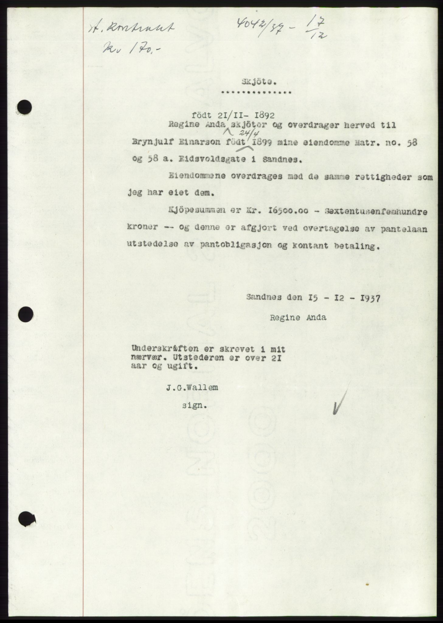 Jæren sorenskriveri, SAST/A-100310/03/G/Gba/L0069: Mortgage book, 1937-1937, Diary no: : 4042/1937