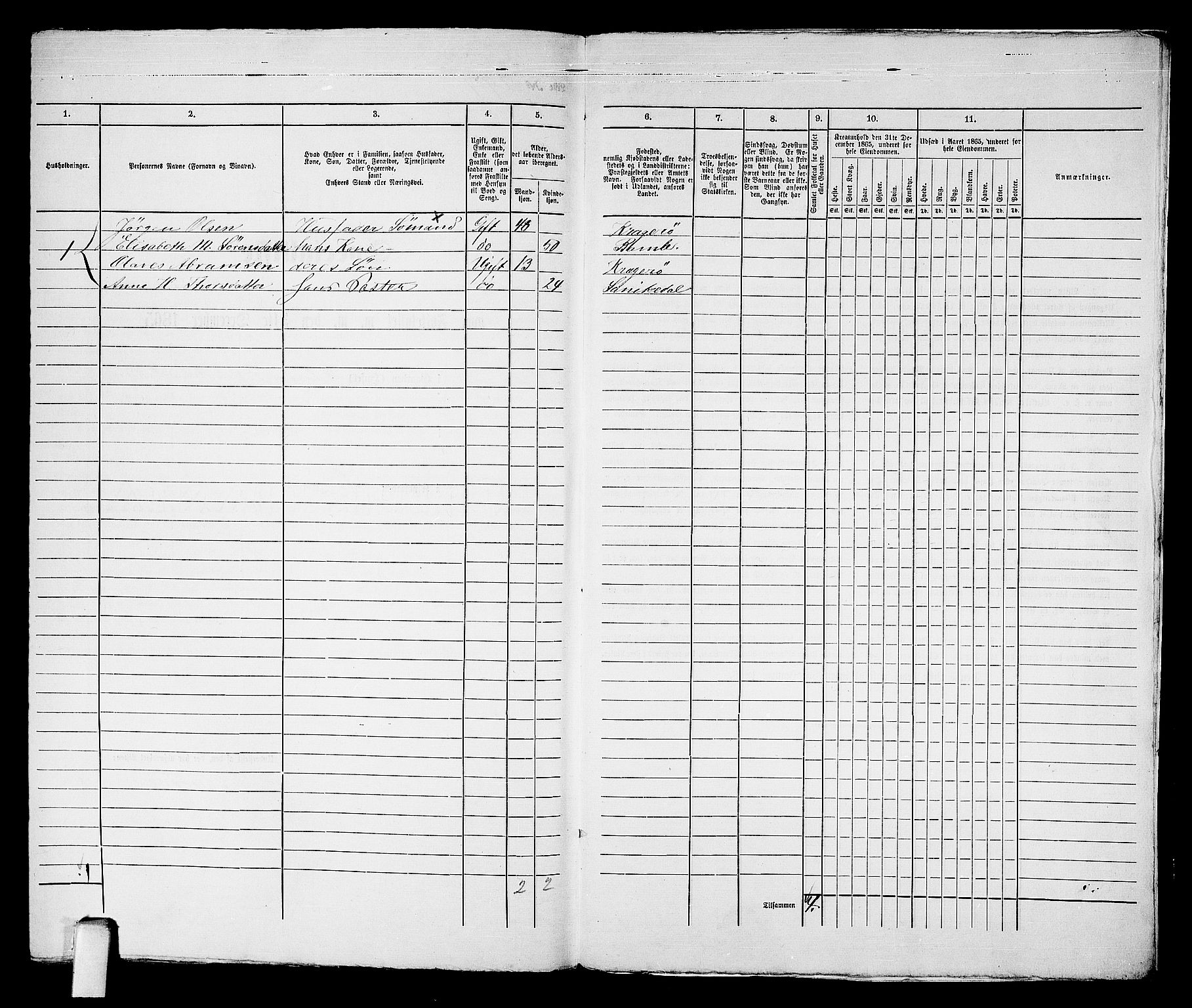 RA, 1865 census for Kragerø/Kragerø, 1865, p. 605