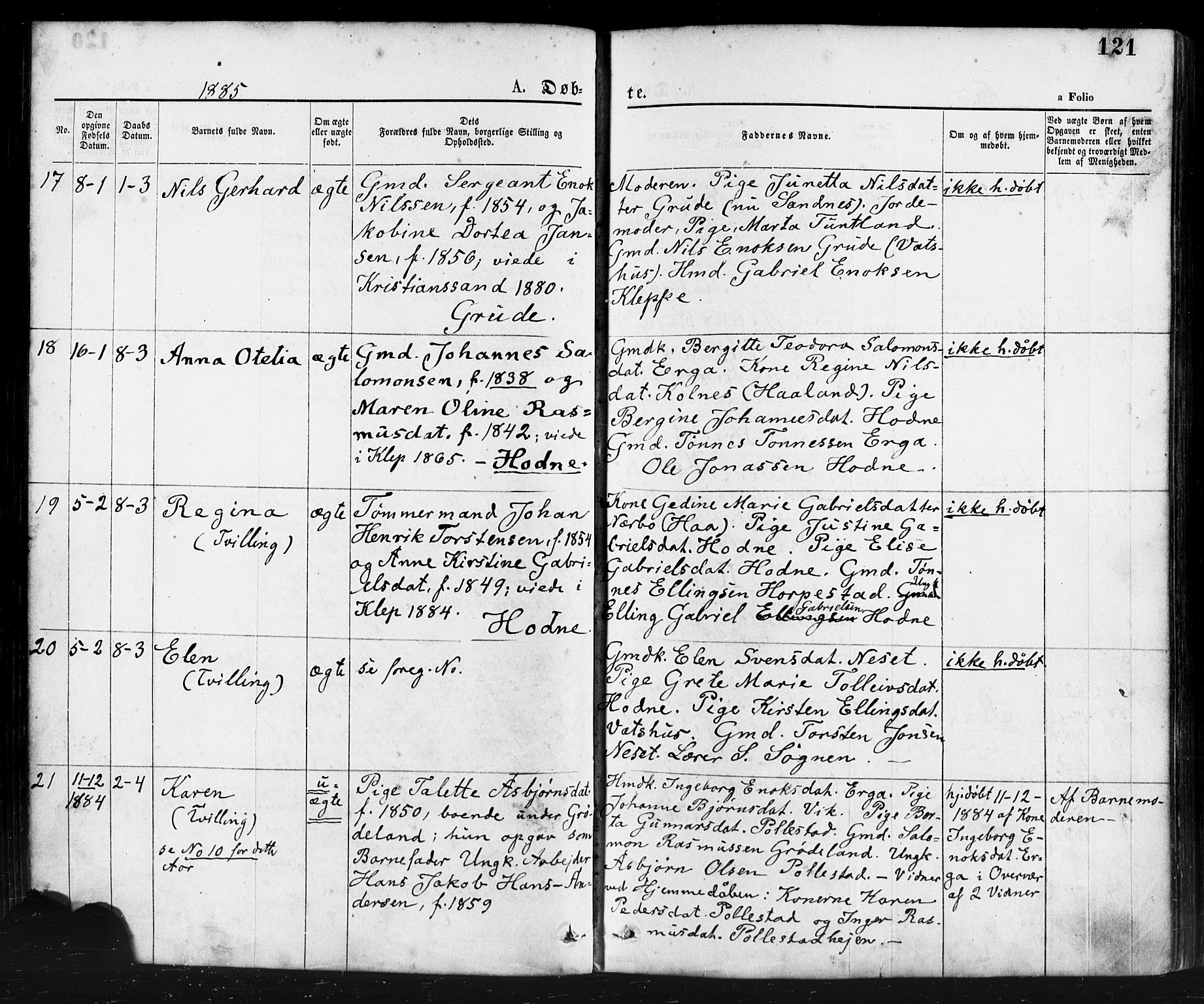 Klepp sokneprestkontor, SAST/A-101803/001/3/30BA/L0006: Parish register (official) no. A 6, 1871-1885, p. 121