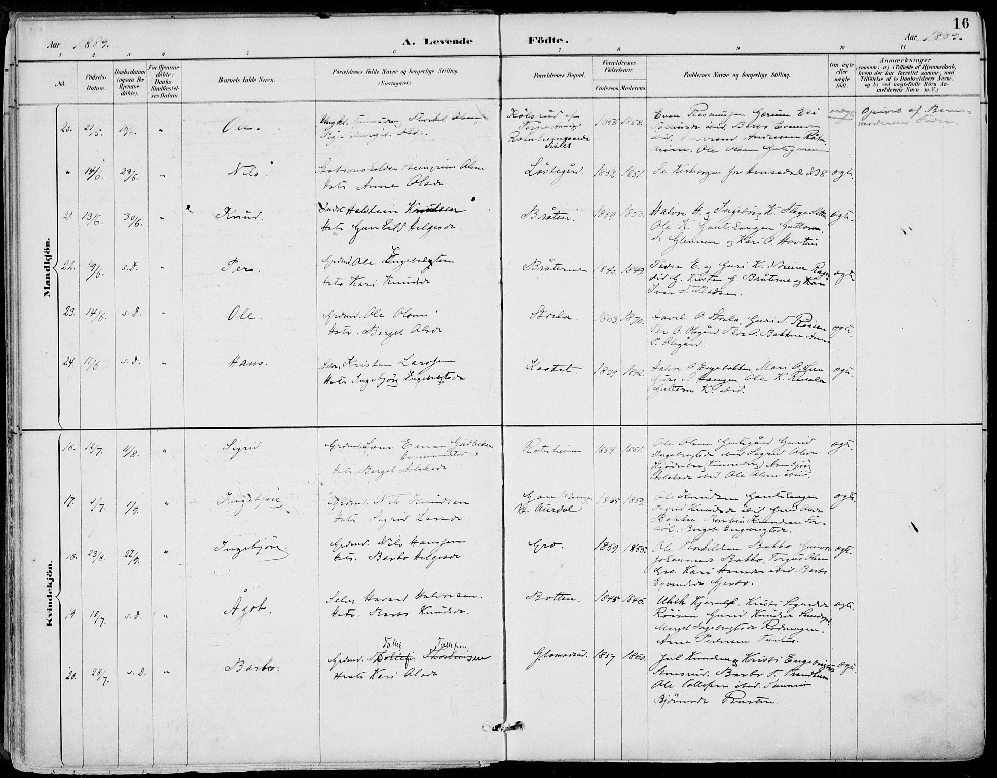 Gol kirkebøker, AV/SAKO-A-226/F/Fa/L0005: Parish register (official) no. I 5, 1887-1900, p. 16