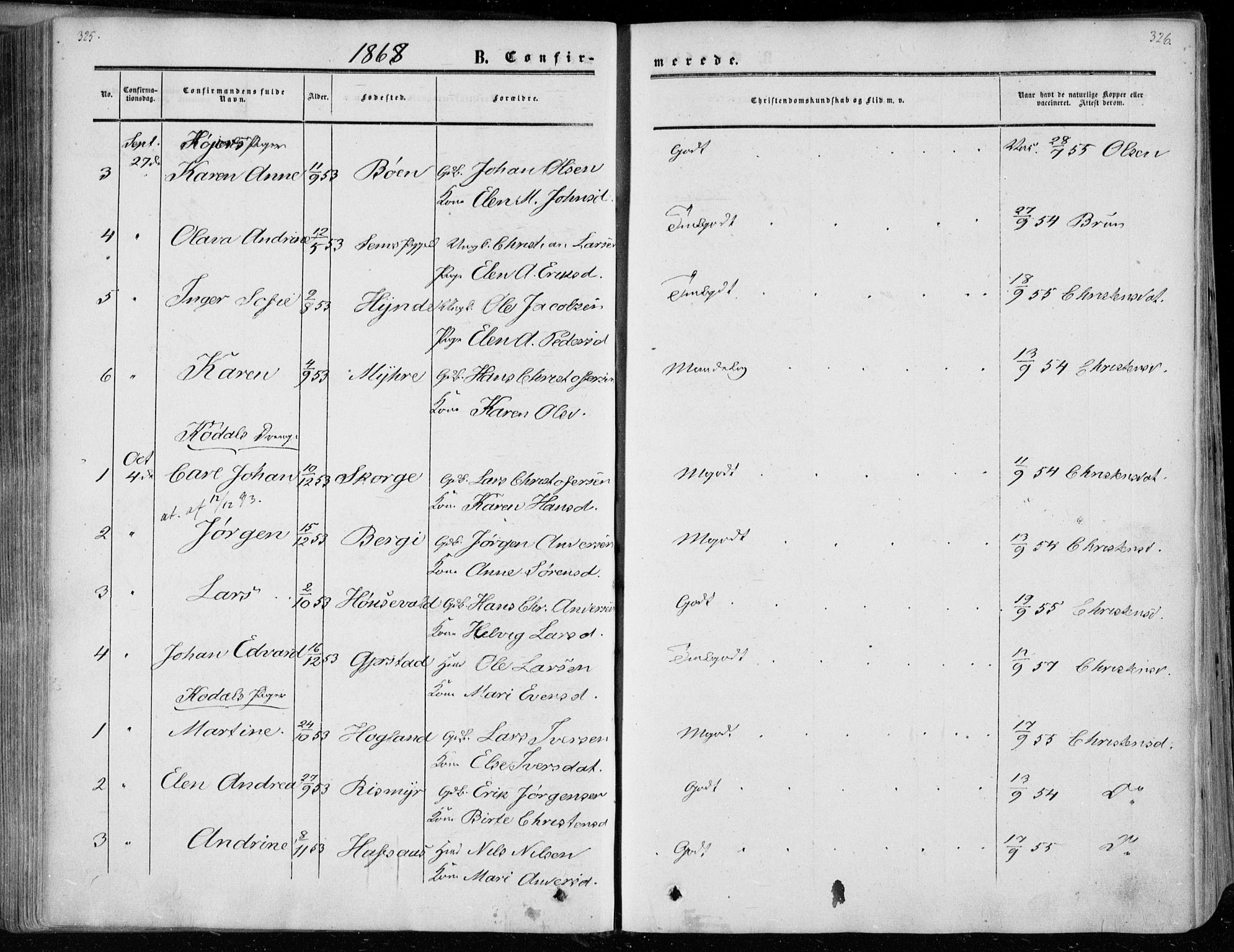 Andebu kirkebøker, AV/SAKO-A-336/F/Fa/L0005: Parish register (official) no. 5, 1857-1870, p. 325-326