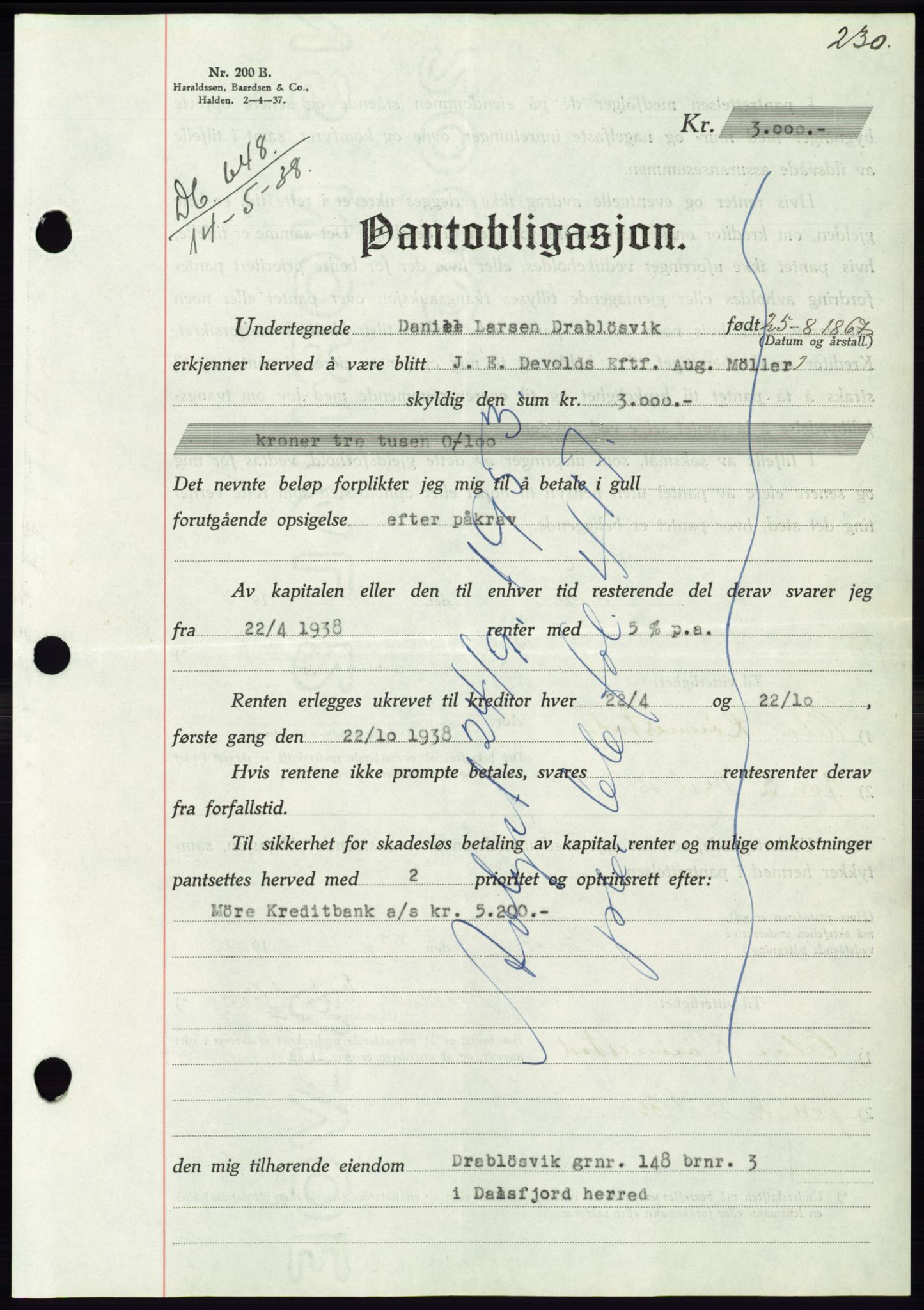 Søre Sunnmøre sorenskriveri, AV/SAT-A-4122/1/2/2C/L0065: Mortgage book no. 59, 1938-1938, Diary no: : 648/1938