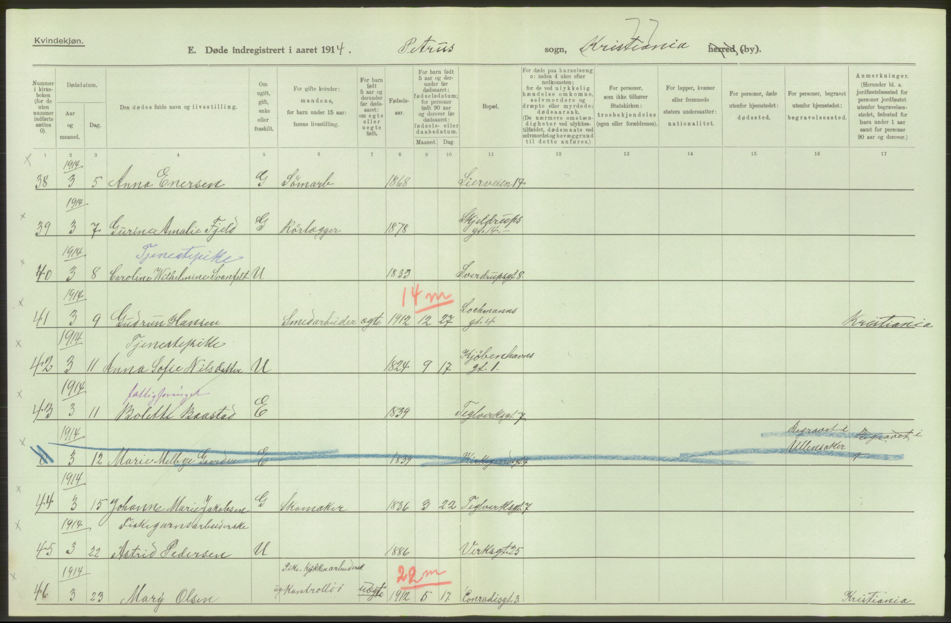 Statistisk sentralbyrå, Sosiodemografiske emner, Befolkning, AV/RA-S-2228/D/Df/Dfb/Dfbd/L0008: Kristiania: Døde, 1914, p. 388