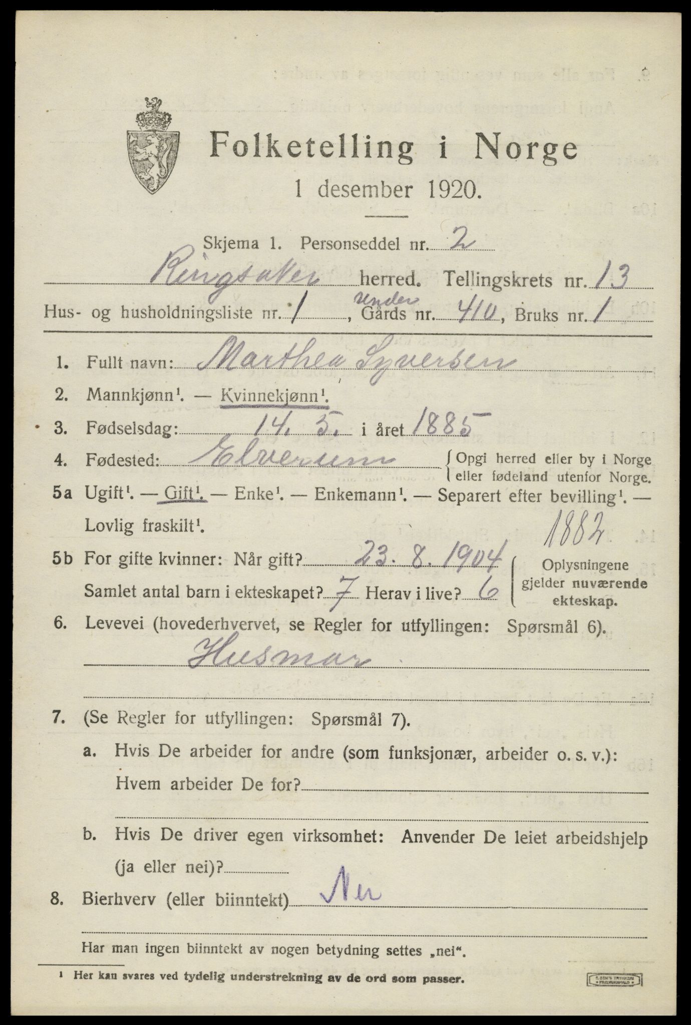 SAH, 1920 census for Ringsaker, 1920, p. 20626