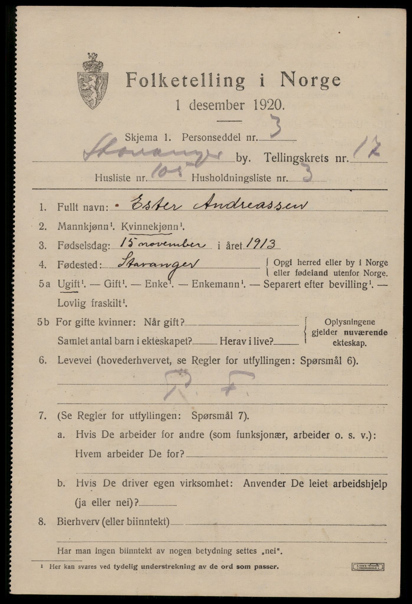 SAST, 1920 census for Stavanger, 1920, p. 66658