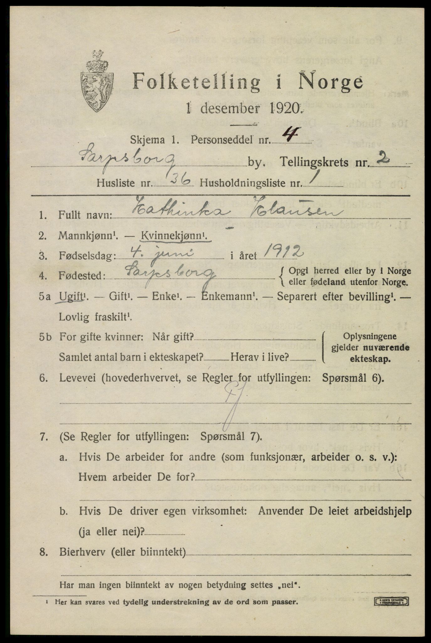 SAO, 1920 census for Sarpsborg, 1920, p. 9956