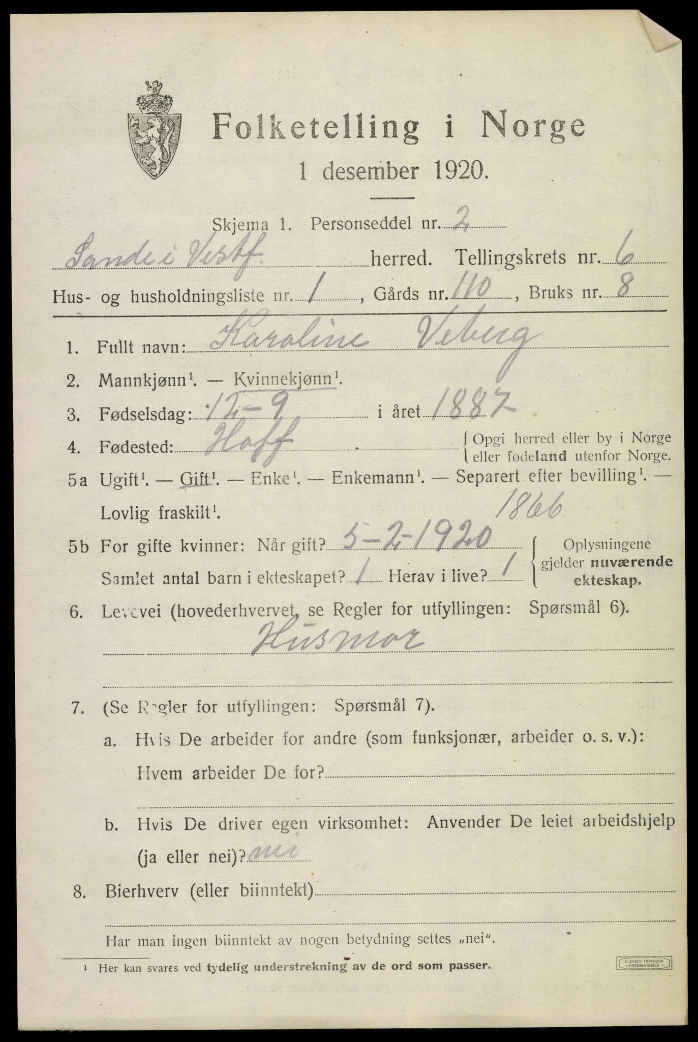 SAKO, 1920 census for Sande, 1920, p. 7260