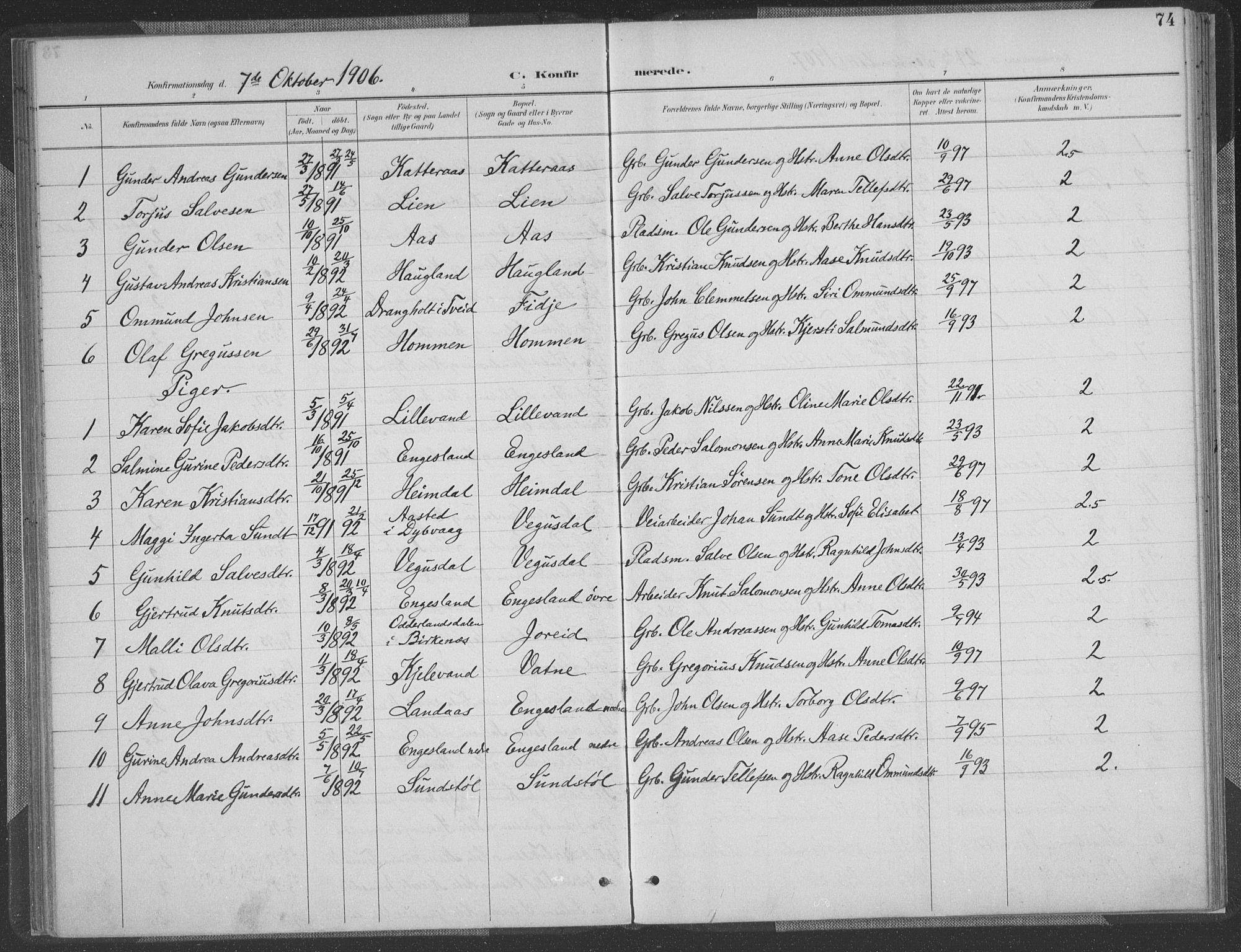 Herefoss sokneprestkontor, SAK/1111-0019/F/Fa/Fab/L0004: Parish register (official) no. A 4, 1887-1909, p. 74