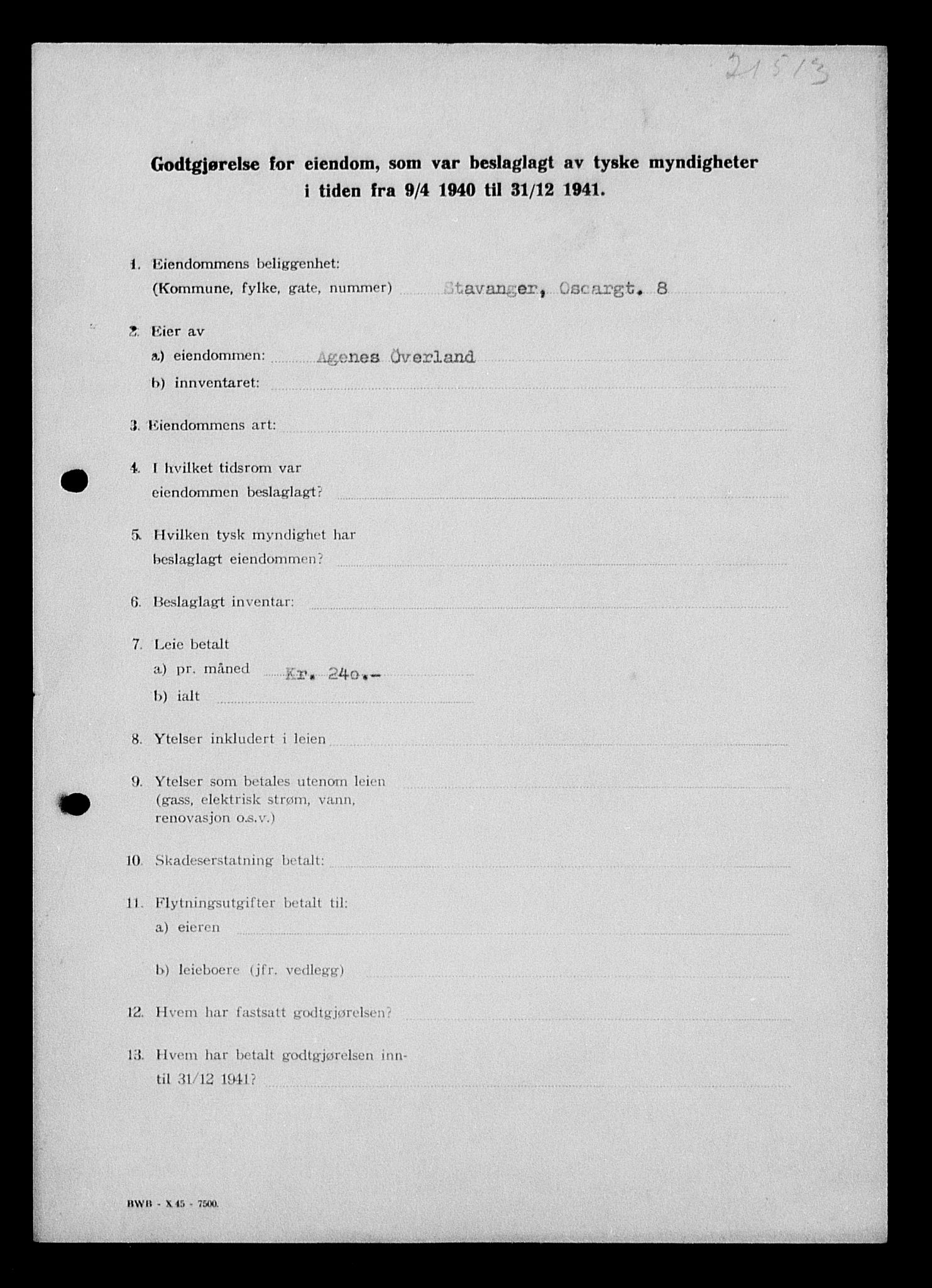 Justisdepartementet, Tilbakeføringskontoret for inndratte formuer, RA/S-1564/I/L1014: Godtgjørelse for beslaglagt eiendom, 1940-1941, p. 158