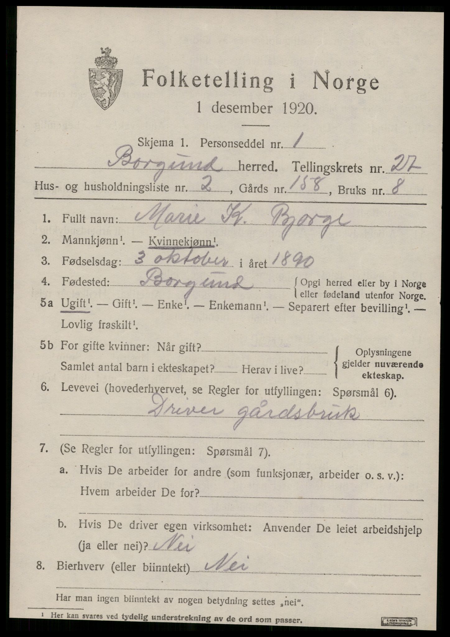 SAT, 1920 census for Borgund, 1920, p. 17714