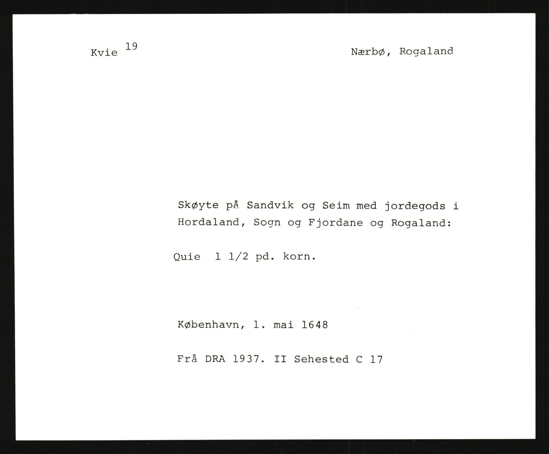 Riksarkivets diplomsamling, AV/RA-EA-5965/F35/F35e/L0027: Registreringssedler Rogaland, 1400-1700, p. 91