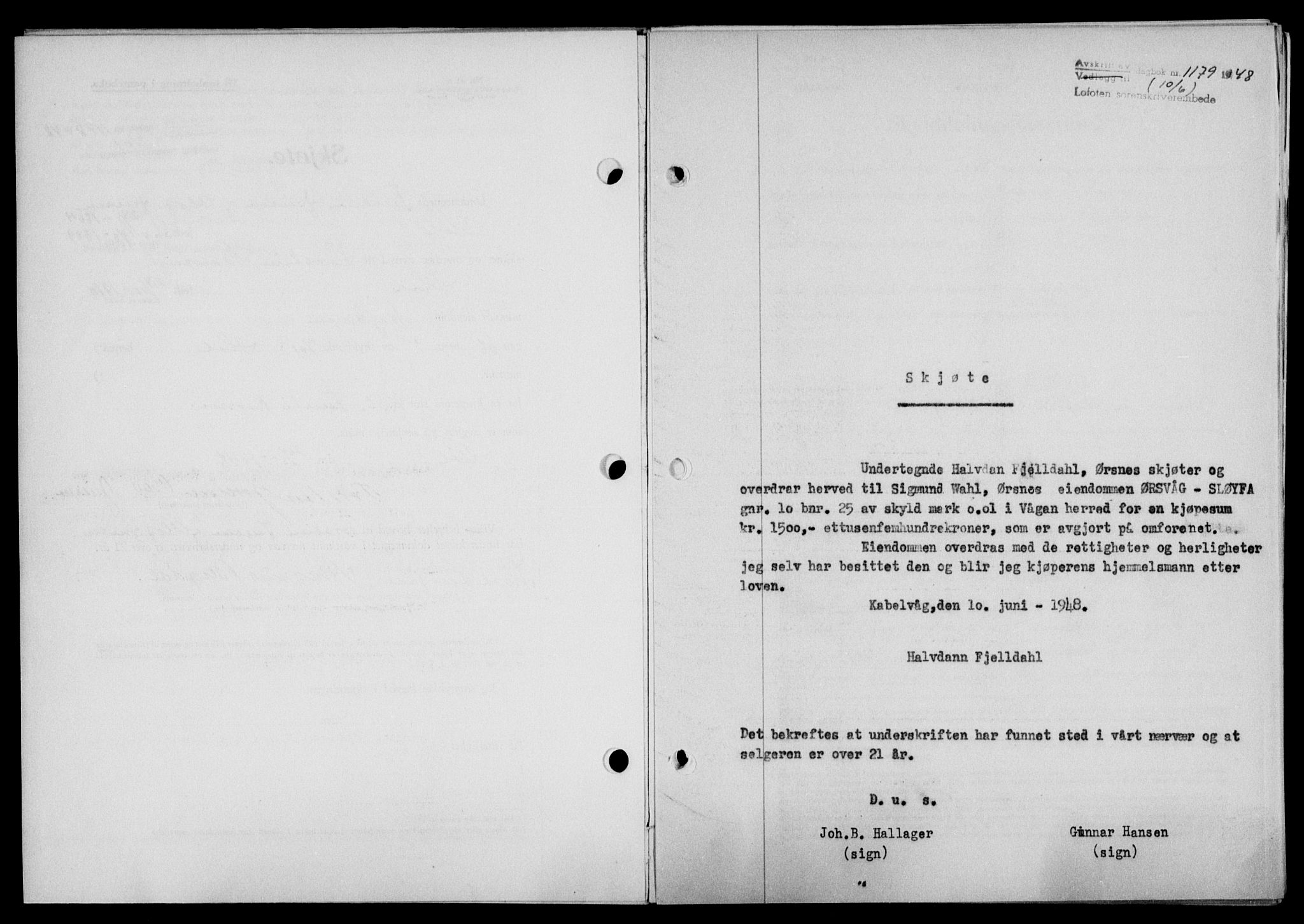 Lofoten sorenskriveri, SAT/A-0017/1/2/2C/L0018a: Mortgage book no. 18a, 1948-1948, Diary no: : 1179/1948
