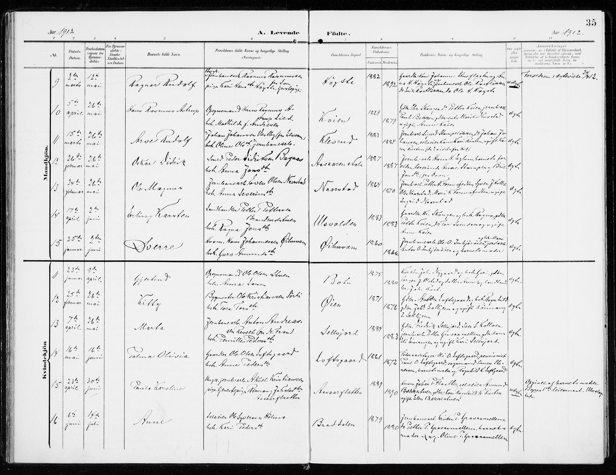 Sel prestekontor, SAH/PREST-074/H/Ha/Haa/L0002: Parish register (official) no. 2, 1905-1919, p. 35