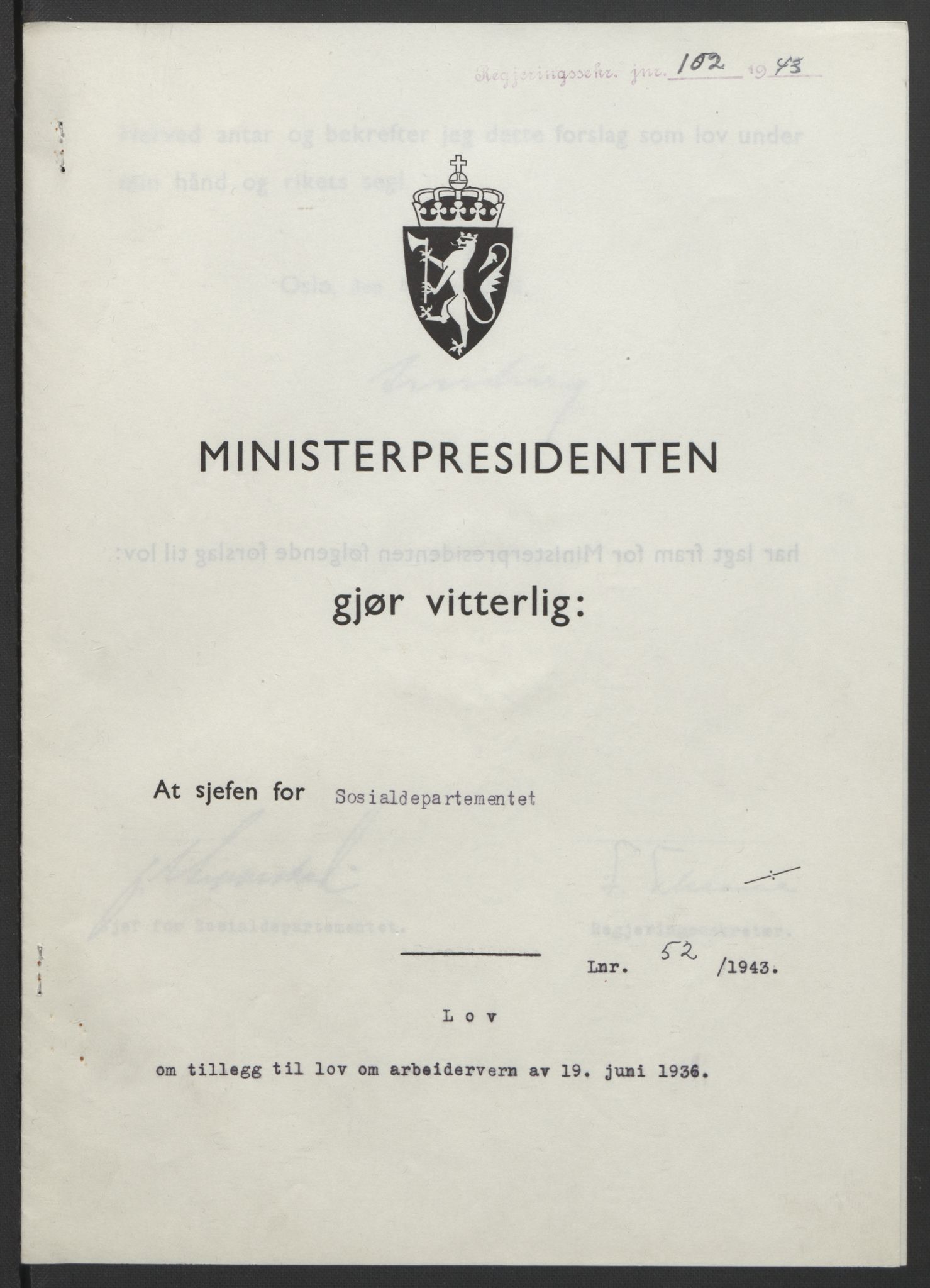 NS-administrasjonen 1940-1945 (Statsrådsekretariatet, de kommisariske statsråder mm), RA/S-4279/D/Db/L0099: Lover, 1943, p. 227