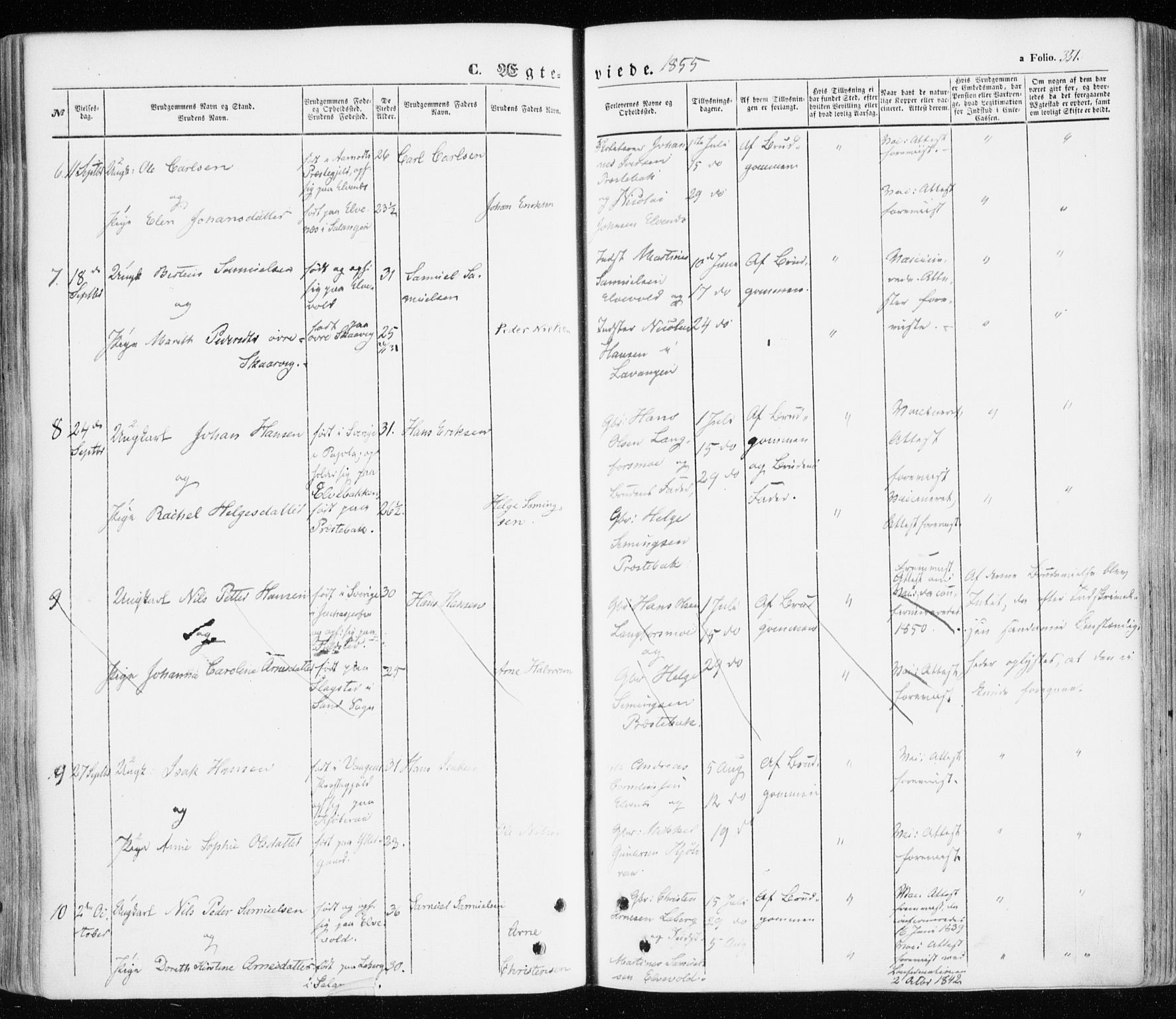 Ibestad sokneprestembete, SATØ/S-0077/H/Ha/Haa/L0008kirke: Parish register (official) no. 8, 1850-1859, p. 351