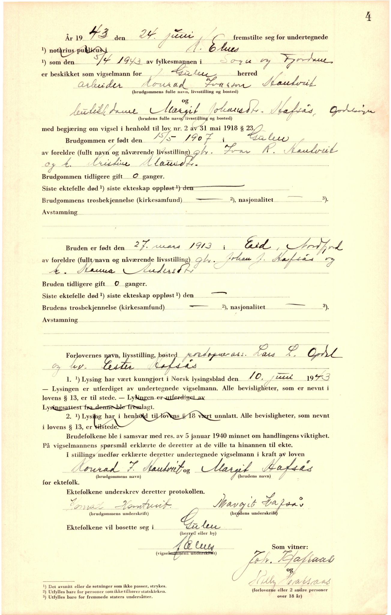 Ytre Sogn tingrett, AV/SAB-A-2601/1/M/Ma/L0003: Vigselsbok, 1943-1945, p. 4
