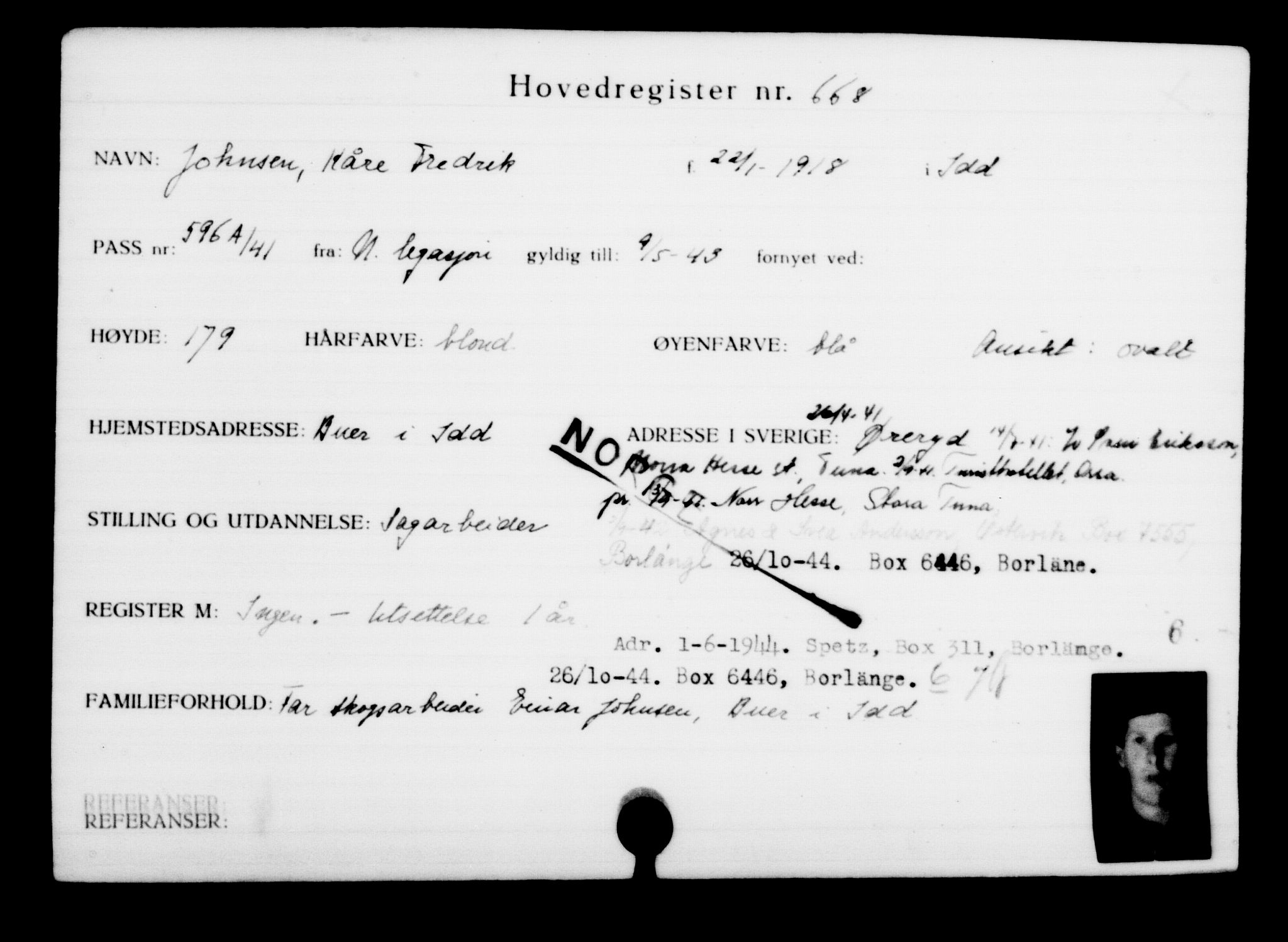 Utenriksstasjonene, Legasjonen i Stockholm, Flyktningkontoret, AV/RA-S-6753/V/Va/L0001: Kjesäterkartoteket, flyktninger med registreringsnr. 1-1000, 1940-1945, p. 1045