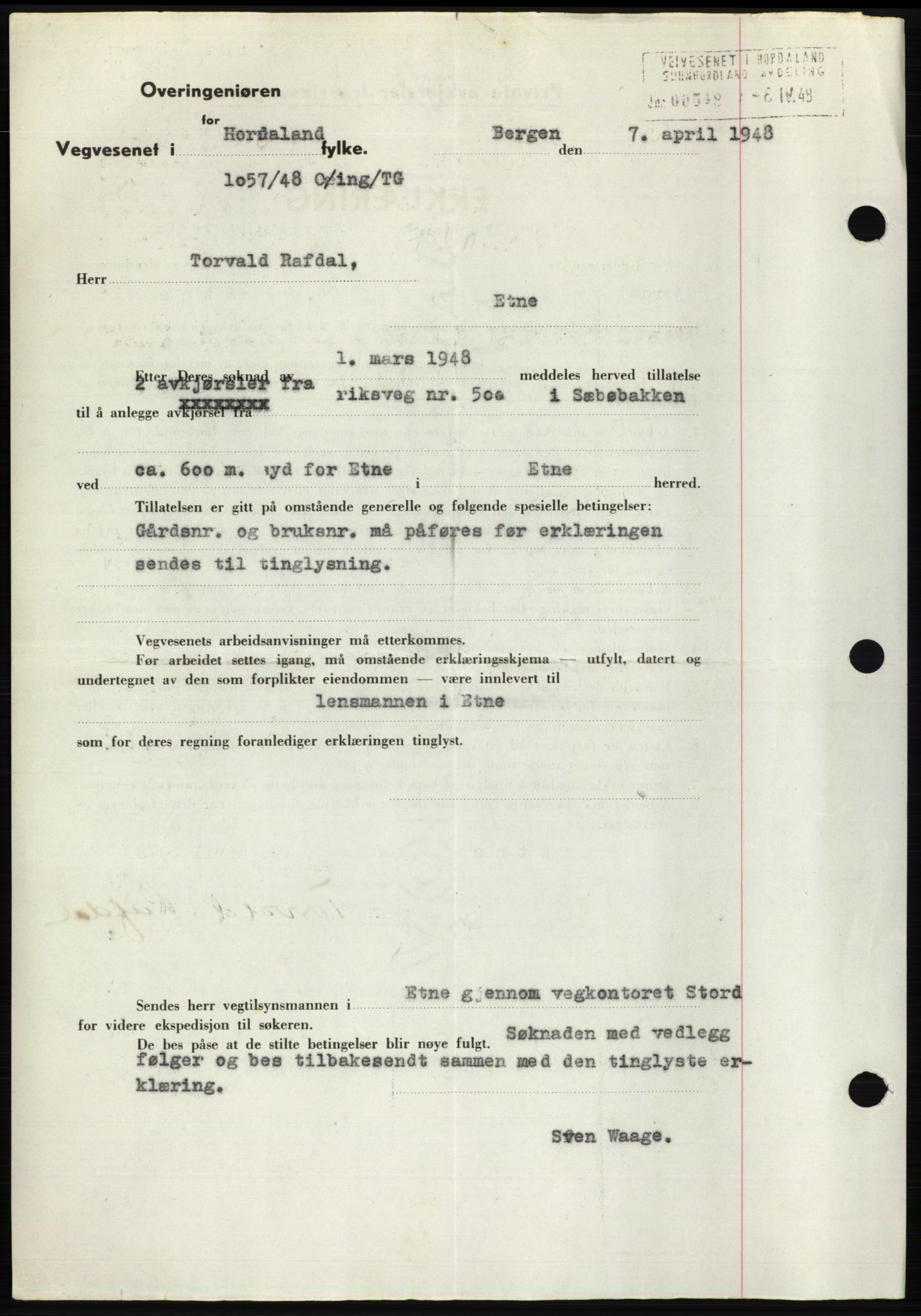Sunnhordland sorenskrivar, AV/SAB-A-2401: Mortgage book no. B75-79, 1948-1950, Diary no: : 819/1948