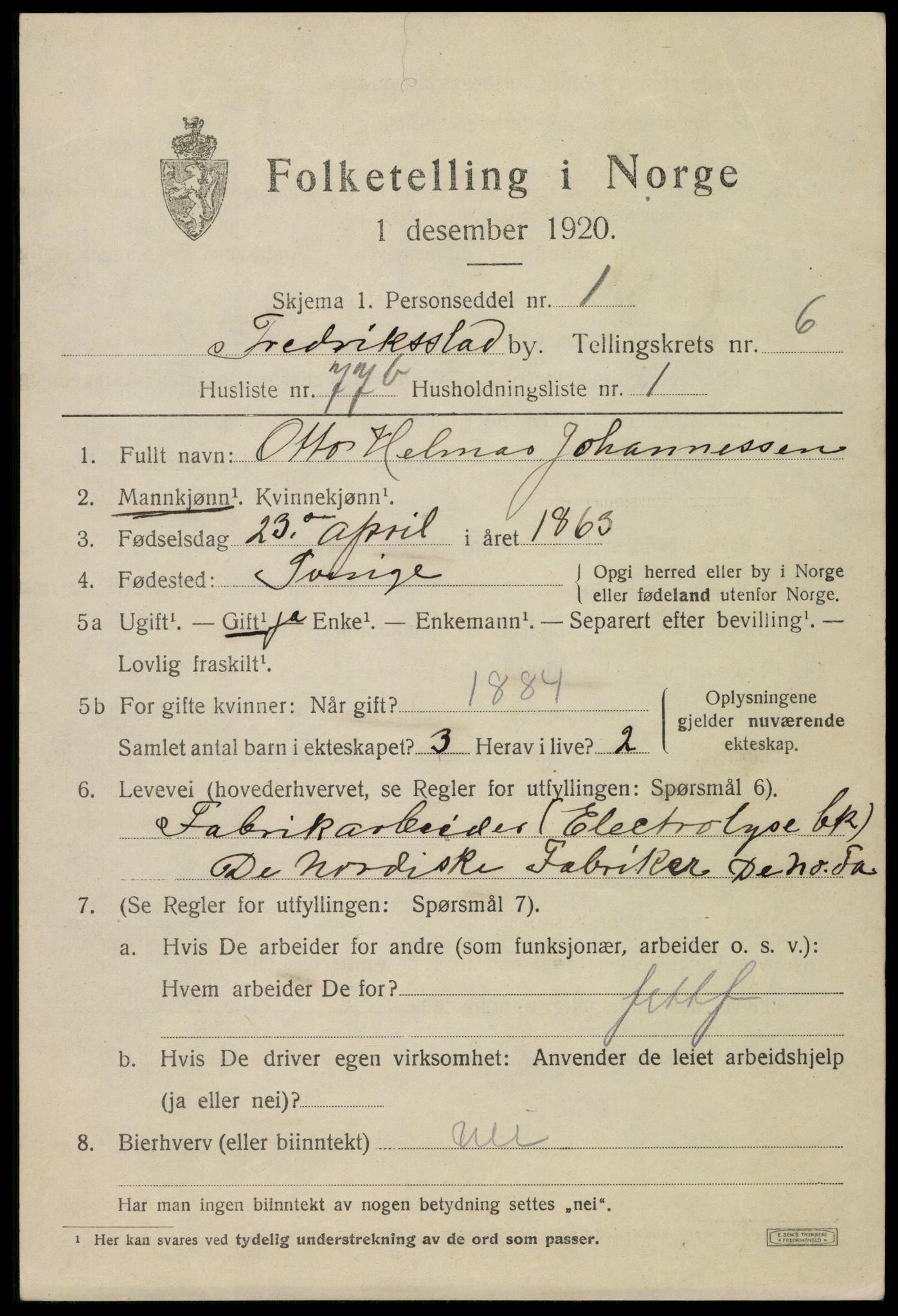 SAO, 1920 census for Fredrikstad, 1920, p. 21457