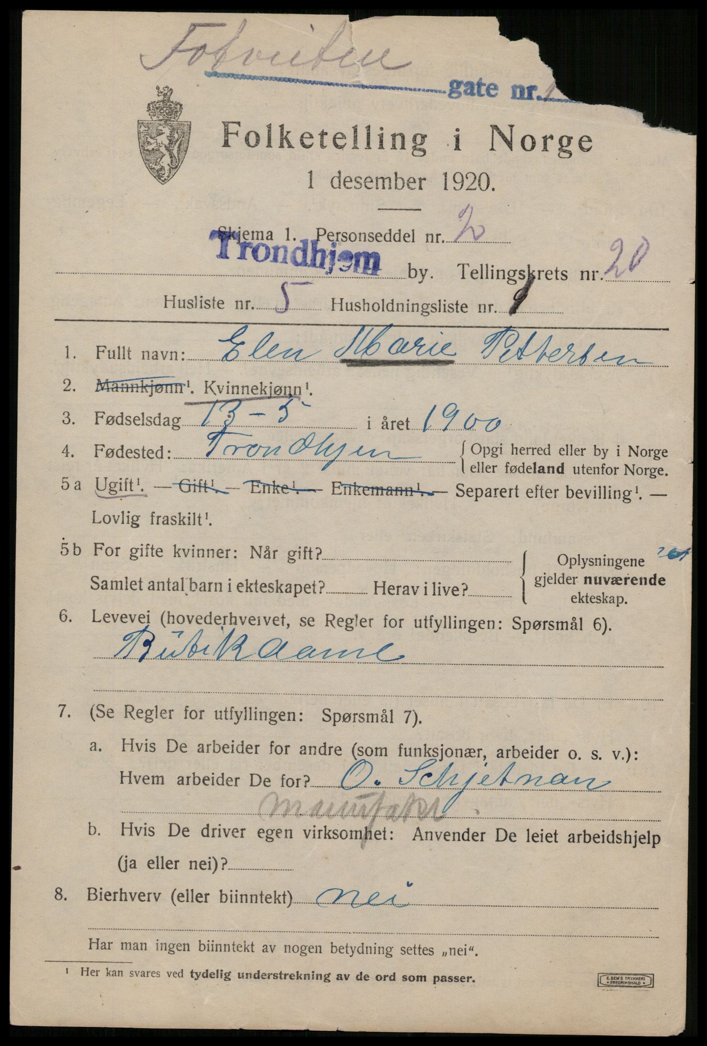 SAT, 1920 census for Trondheim, 1920, p. 59662