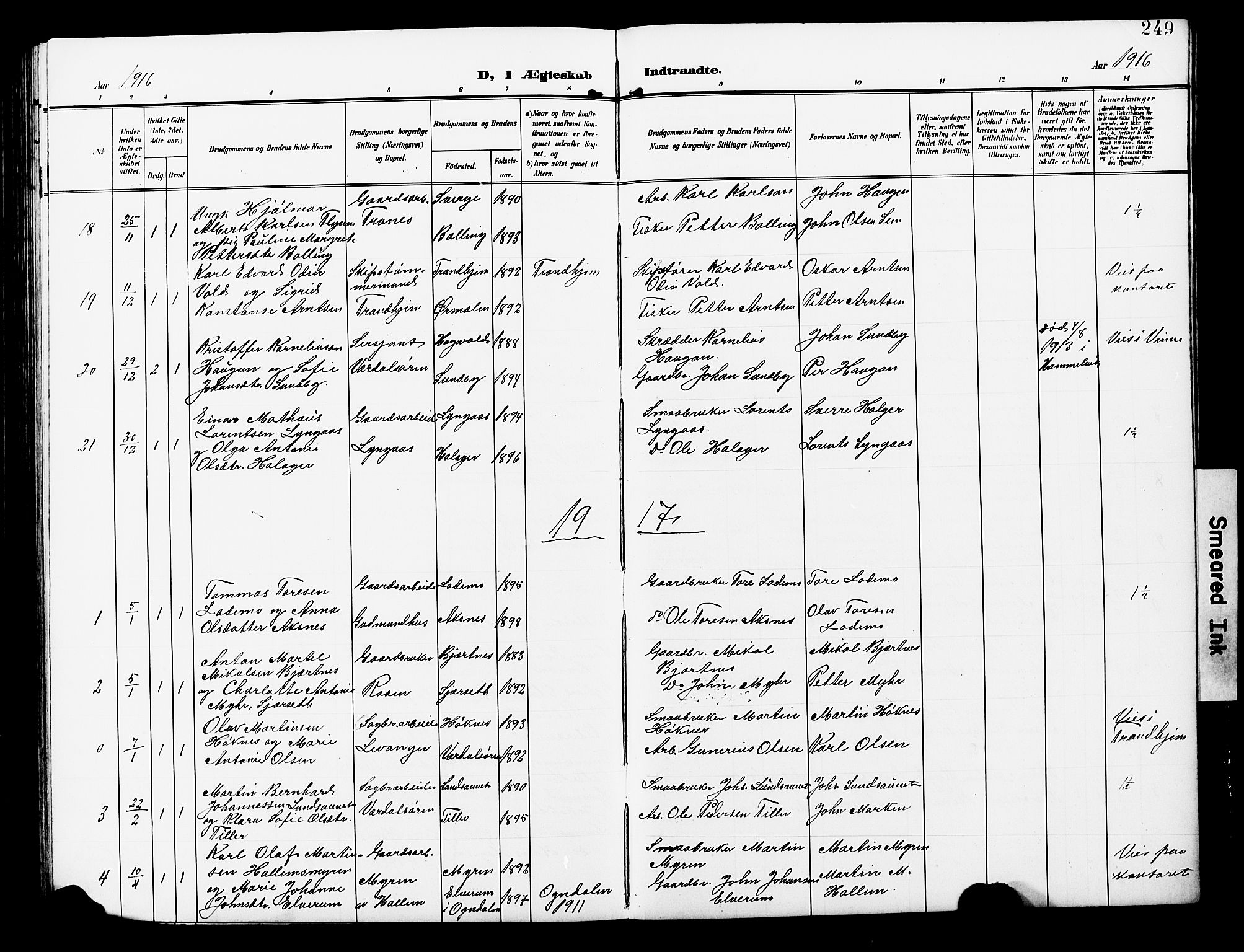 Ministerialprotokoller, klokkerbøker og fødselsregistre - Nord-Trøndelag, AV/SAT-A-1458/723/L0258: Parish register (copy) no. 723C06, 1908-1927, p. 249