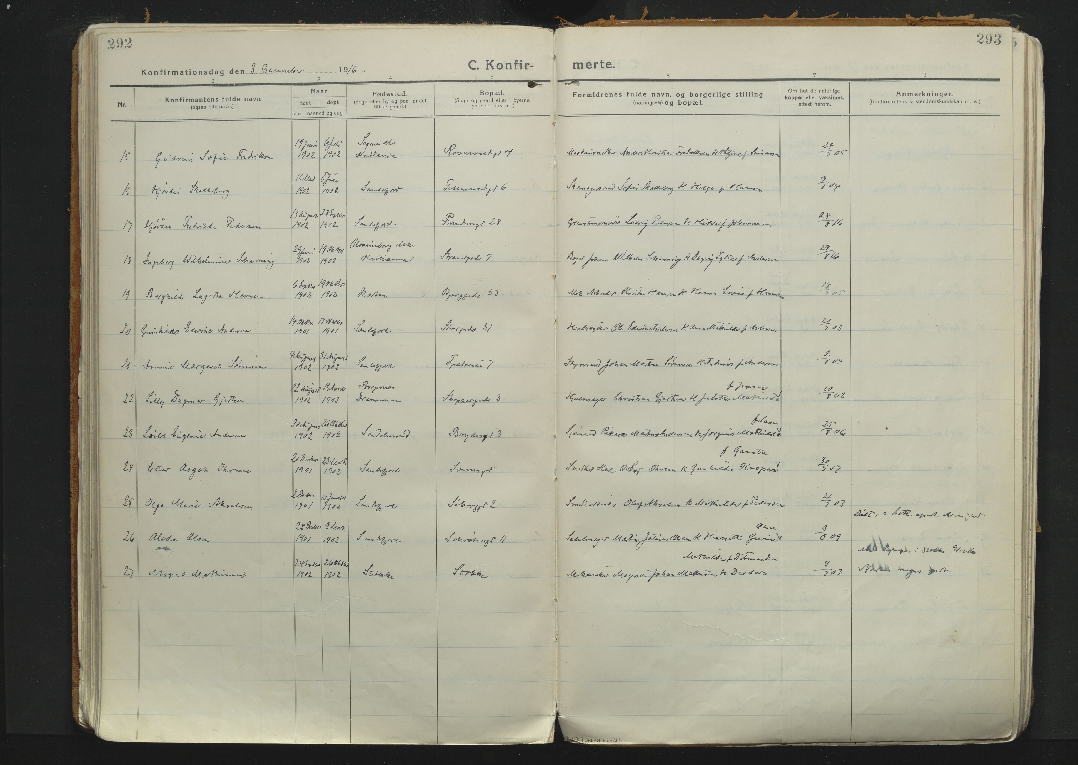 Sandefjord kirkebøker, SAKO/A-315/F/Fa/L0007: Parish register (official) no. 7, 1916-1930, p. 292-293