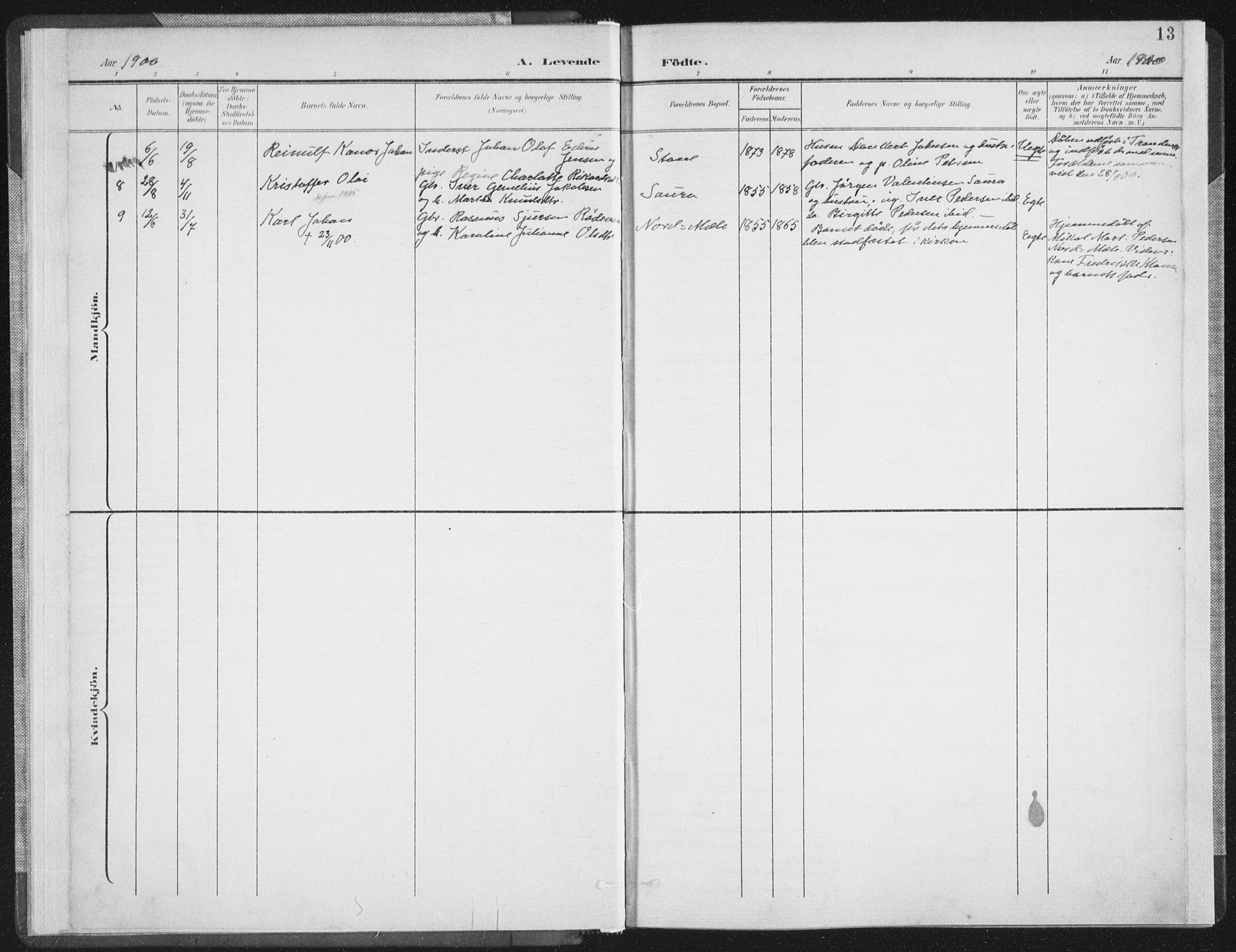 Ministerialprotokoller, klokkerbøker og fødselsregistre - Nordland, SAT/A-1459/897/L1400: Parish register (official) no. 897A07, 1897-1908, p. 13