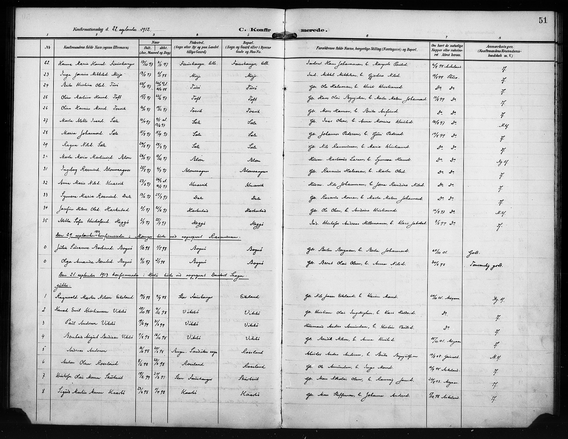 Herdla Sokneprestembete, SAB/A-75701/H/Hab: Parish register (copy) no. A 4, 1902-1923, p. 51