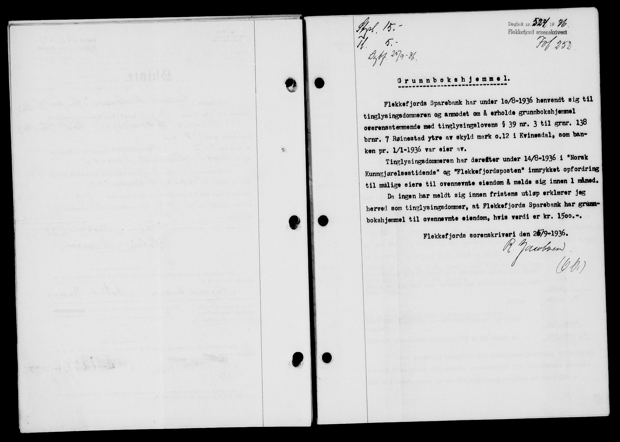 Flekkefjord sorenskriveri, SAK/1221-0001/G/Gb/Gba/L0053: Mortgage book no. A-1, 1936-1937, Diary no: : 524/1936