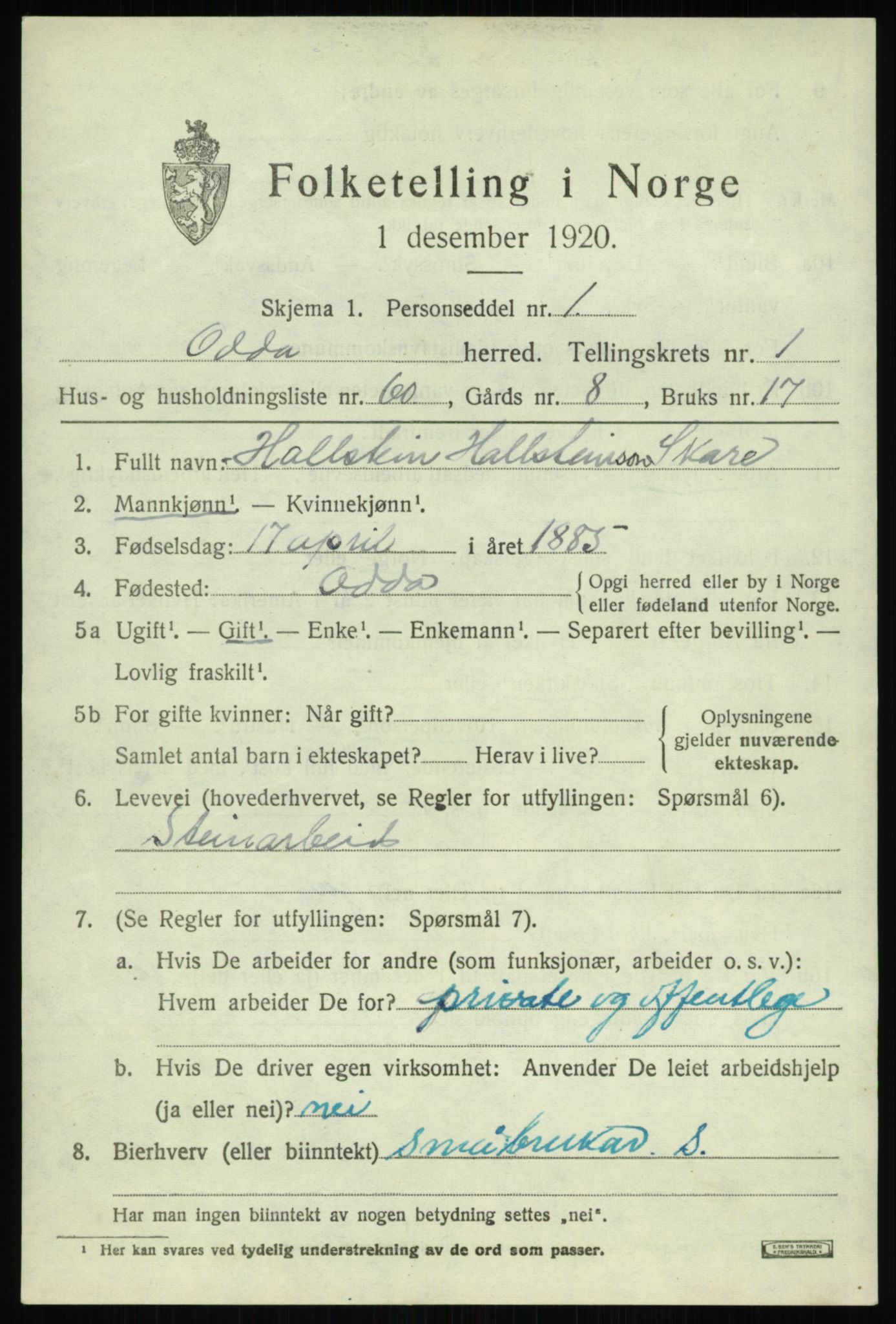 SAB, 1920 census for Odda, 1920, p. 1831