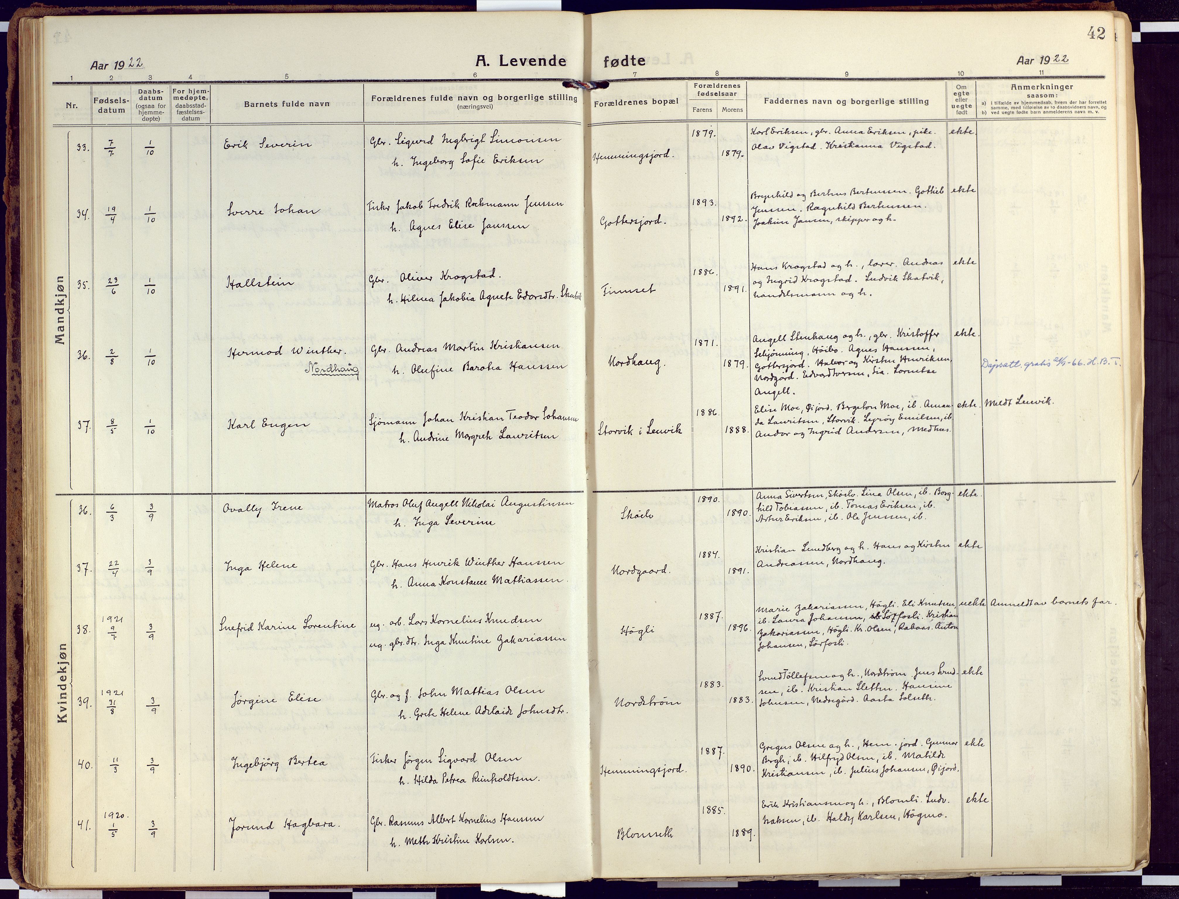 Tranøy sokneprestkontor, AV/SATØ-S-1313/I/Ia/Iaa/L0015kirke: Parish register (official) no. 15, 1919-1928, p. 42