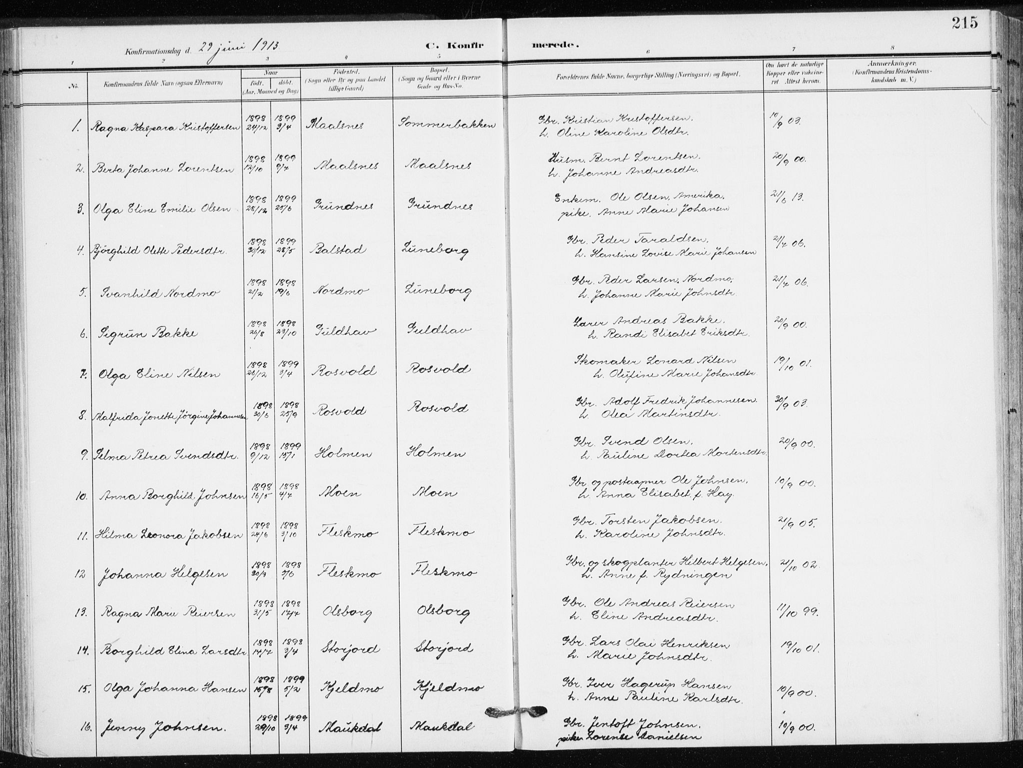 Målselv sokneprestembete, AV/SATØ-S-1311/G/Ga/Gaa/L0011kirke: Parish register (official) no. 11, 1904-1918, p. 215