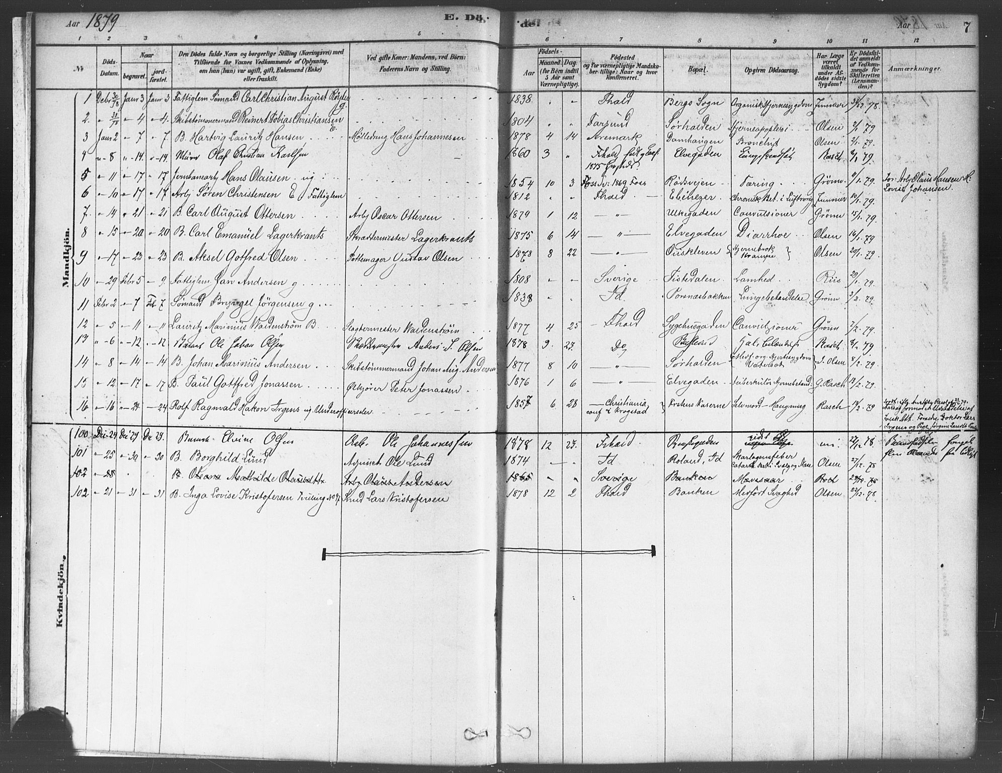 Halden prestekontor Kirkebøker, SAO/A-10909/F/Fa/L0012: Parish register (official) no. I 12, 1878-1889, p. 7