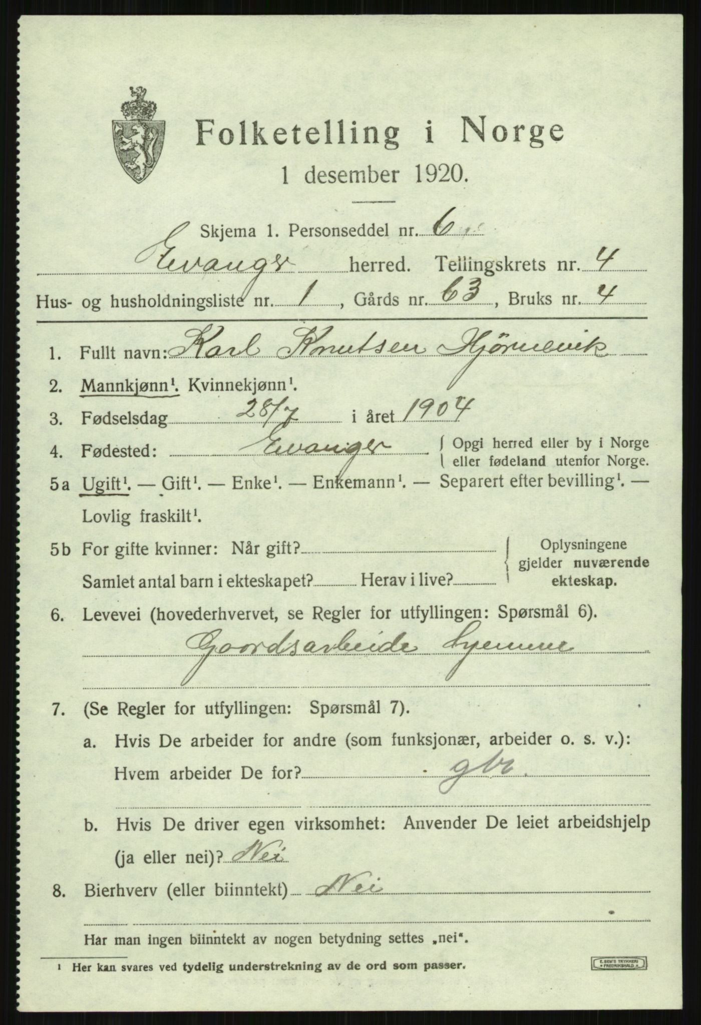 SAB, 1920 census for Evanger, 1920, p. 1363