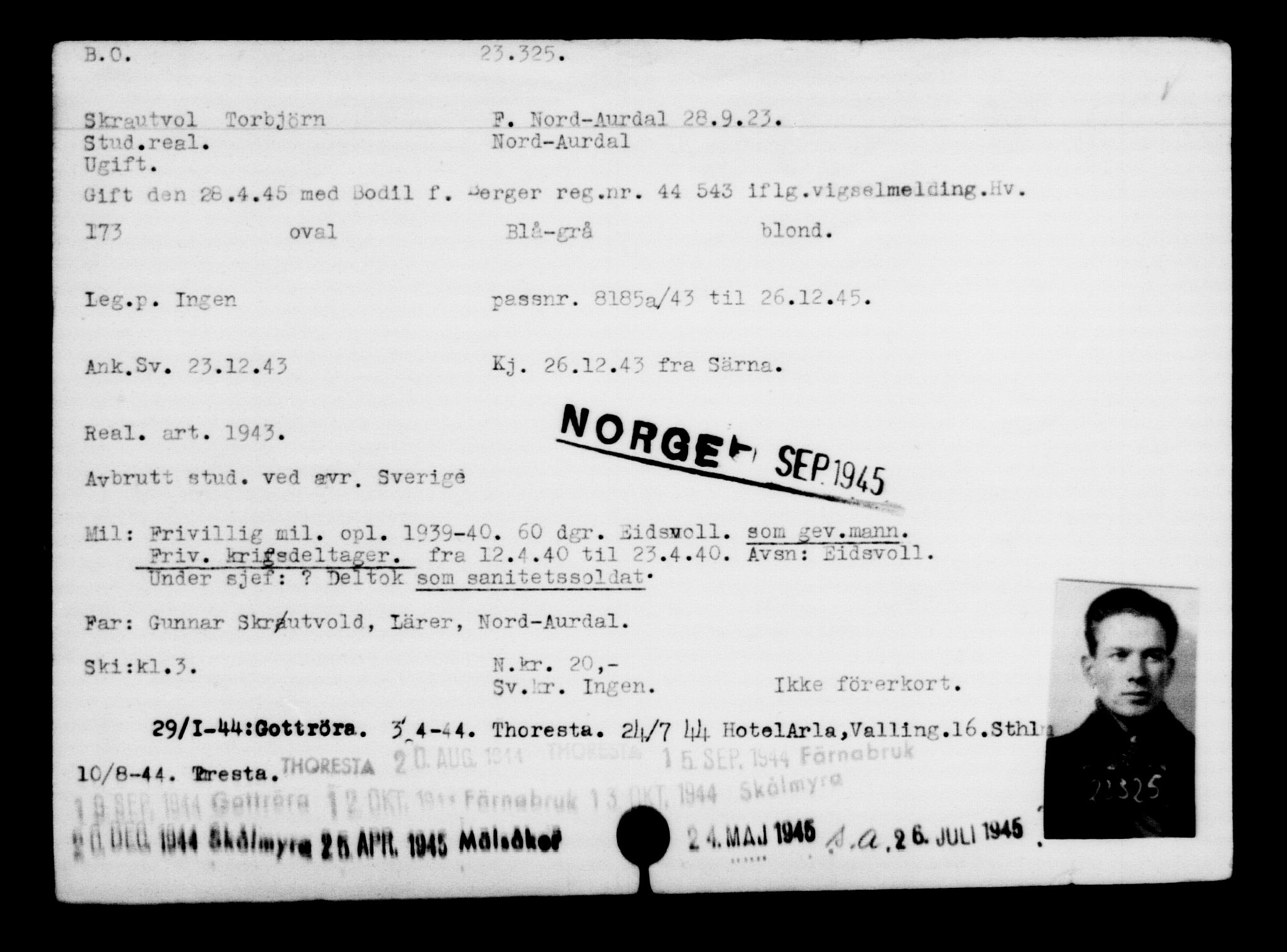Utenriksstasjonene, Legasjonen i Stockholm, Flyktningkontoret, AV/RA-S-6753/V/Va/L0010: Kjesäterkartoteket, flyktninger med registreringsnr. 22000-25314, 1940-1945, p. 1416