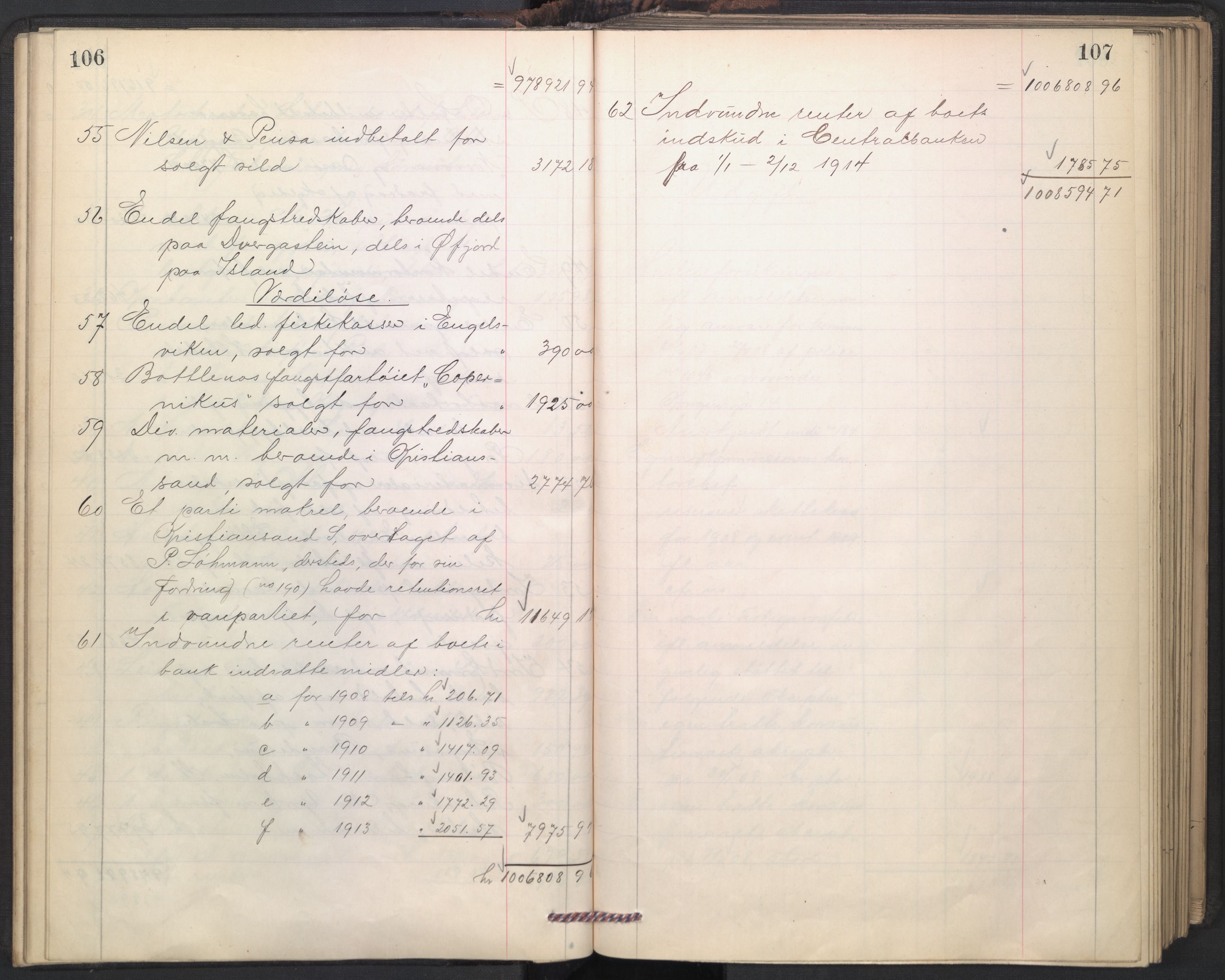 Oslo skifterett, AV/SAO-A-10383/H/Hd/Hdd/L0004: Skifteutlodningsprotokoll for konkursbo, 1906-1915, p. 106-107