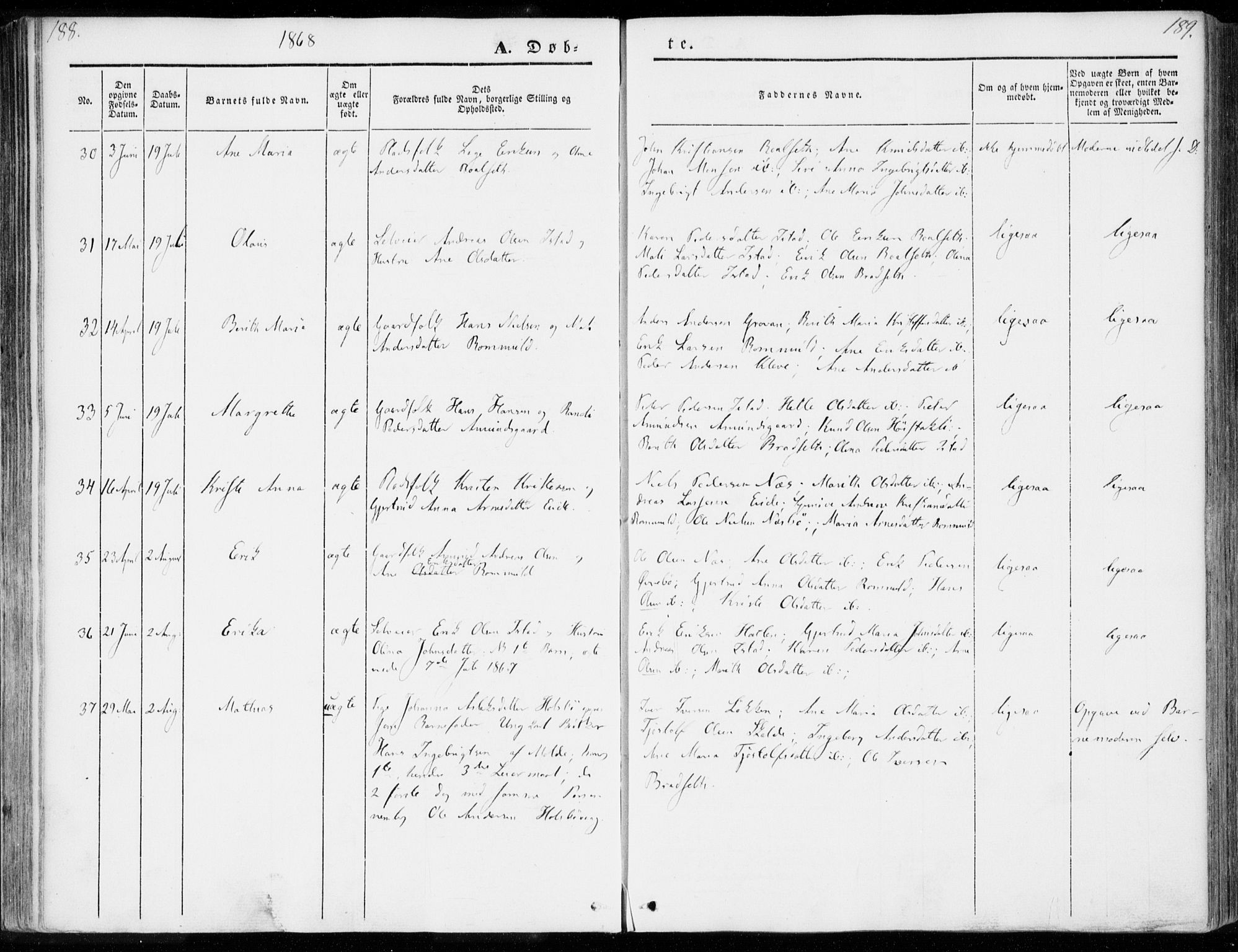 Ministerialprotokoller, klokkerbøker og fødselsregistre - Møre og Romsdal, AV/SAT-A-1454/557/L0680: Parish register (official) no. 557A02, 1843-1869, p. 188-189