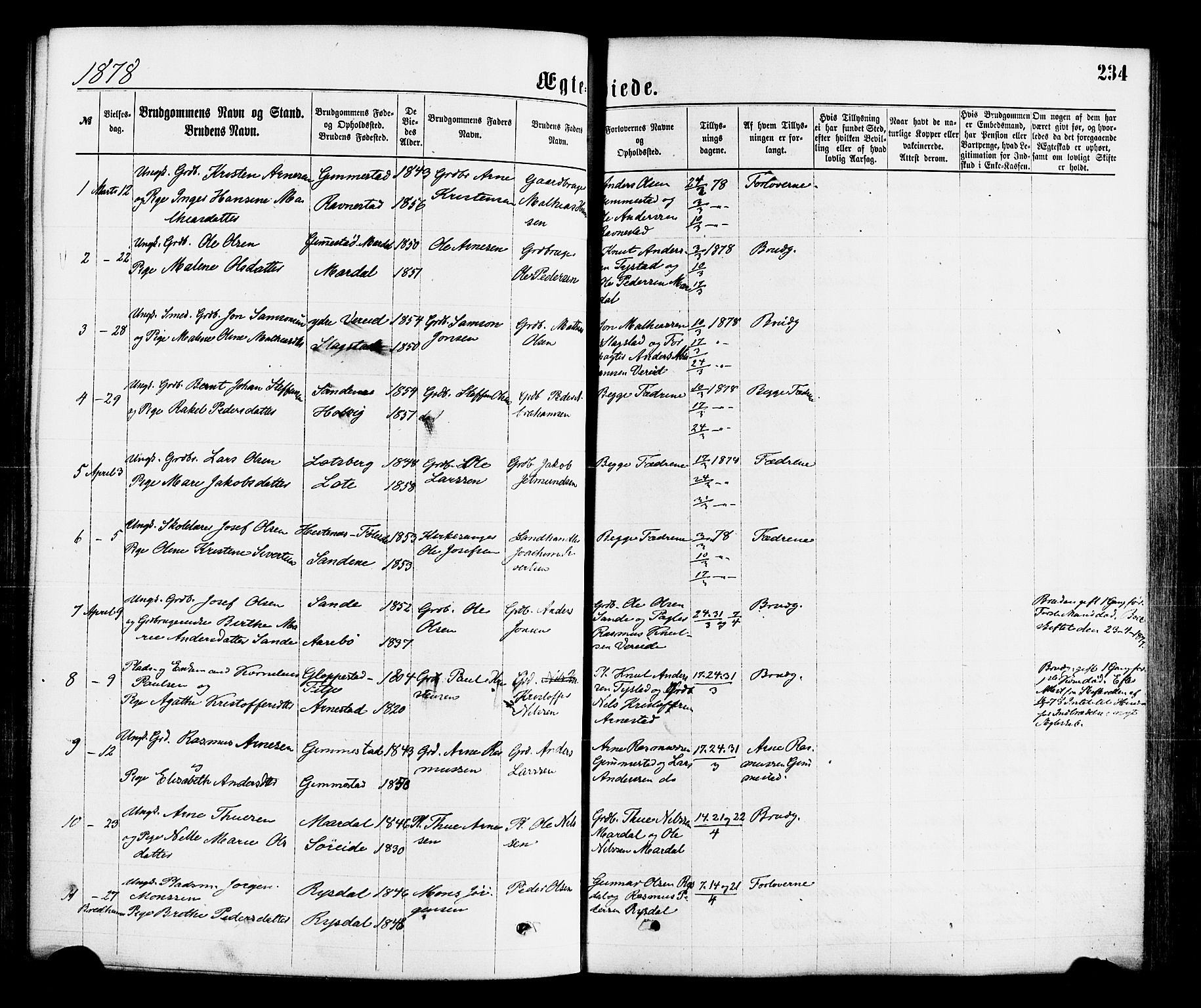 Gloppen sokneprestembete, AV/SAB-A-80101/H/Haa/Haaa/L0010: Parish register (official) no. A 10, 1871-1884, p. 234