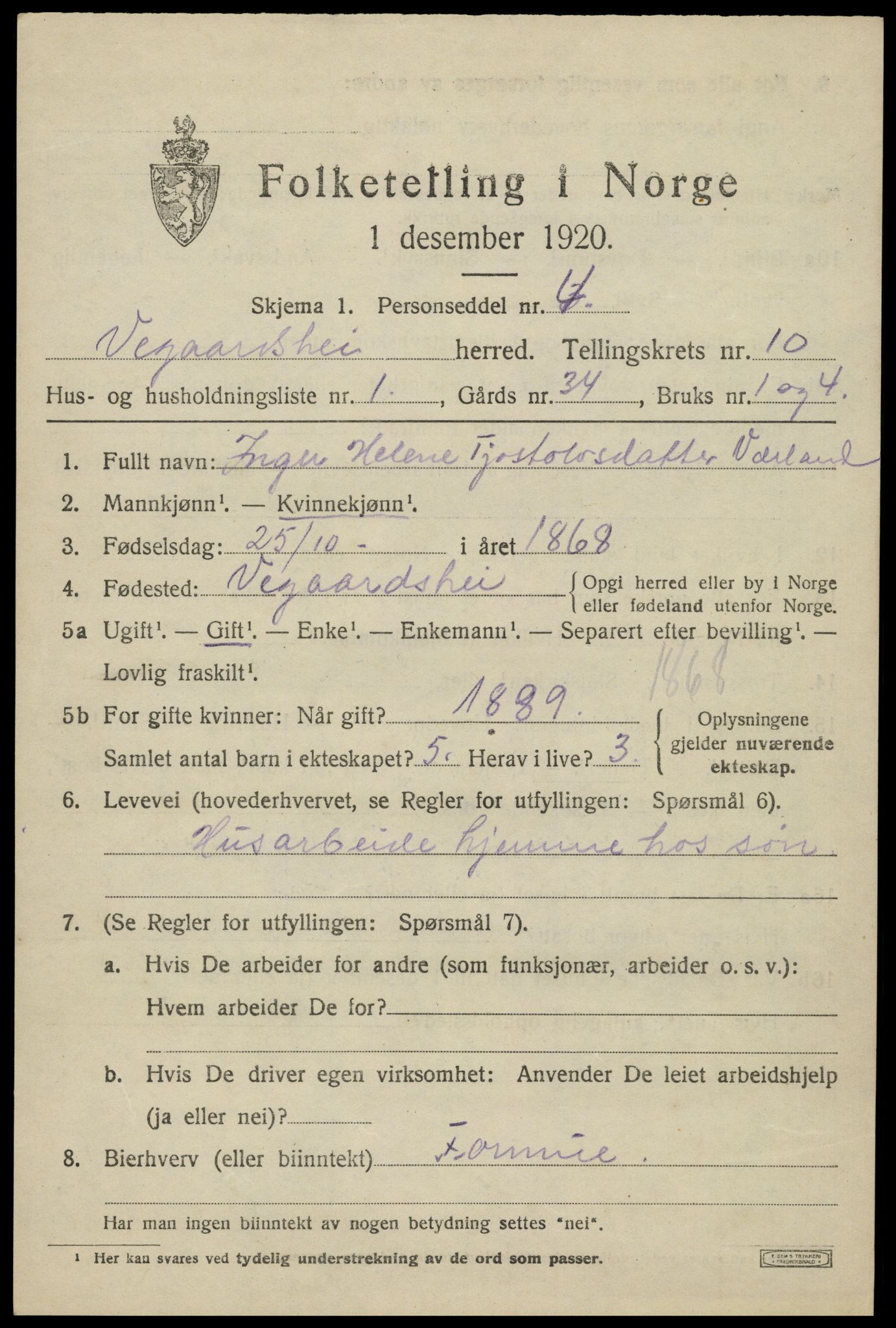 SAK, 1920 census for Vegårshei, 1920, p. 3284
