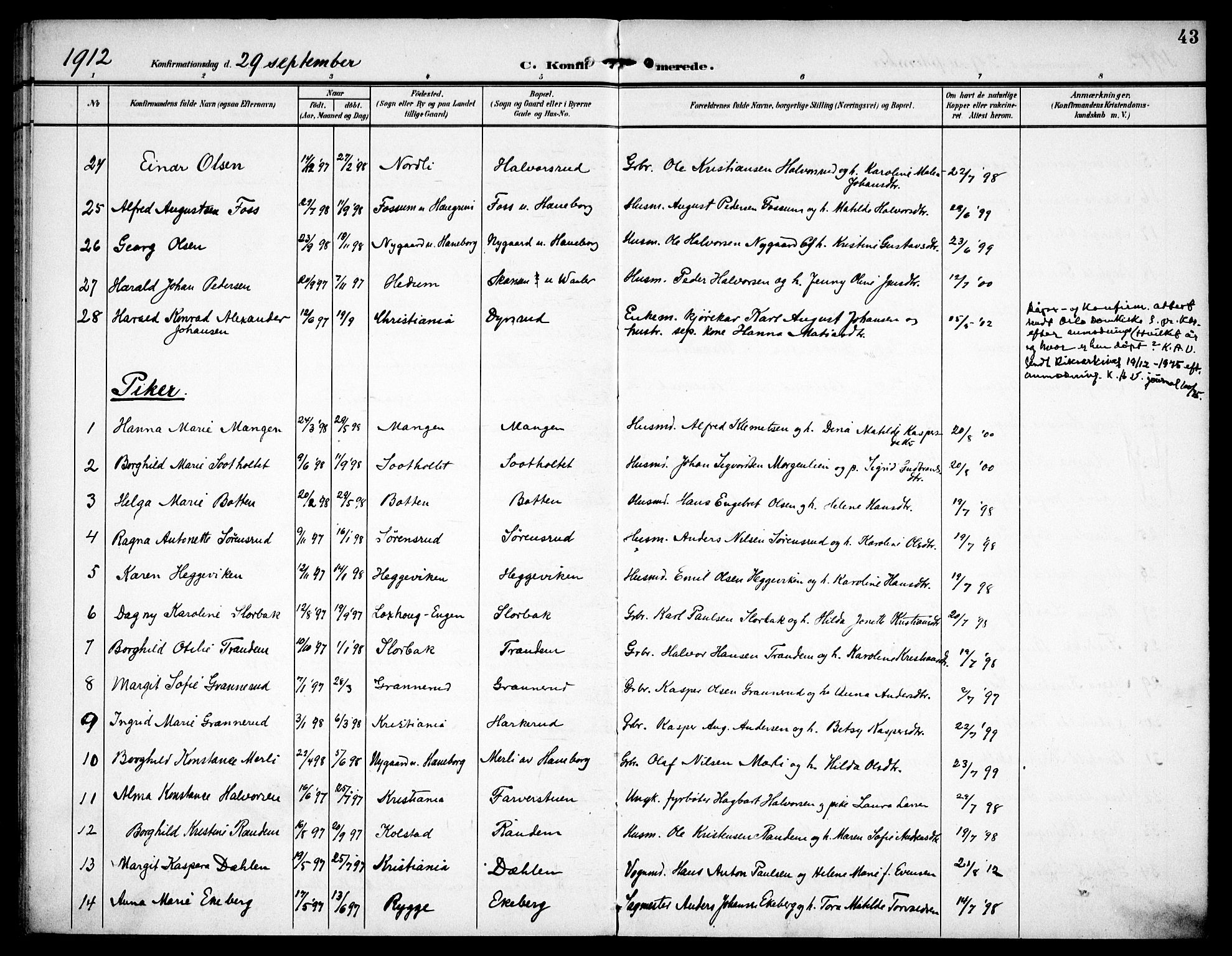 Aurskog prestekontor Kirkebøker, SAO/A-10304a/F/Fa/L0012: Parish register (official) no. I 12, 1902-1915, p. 43