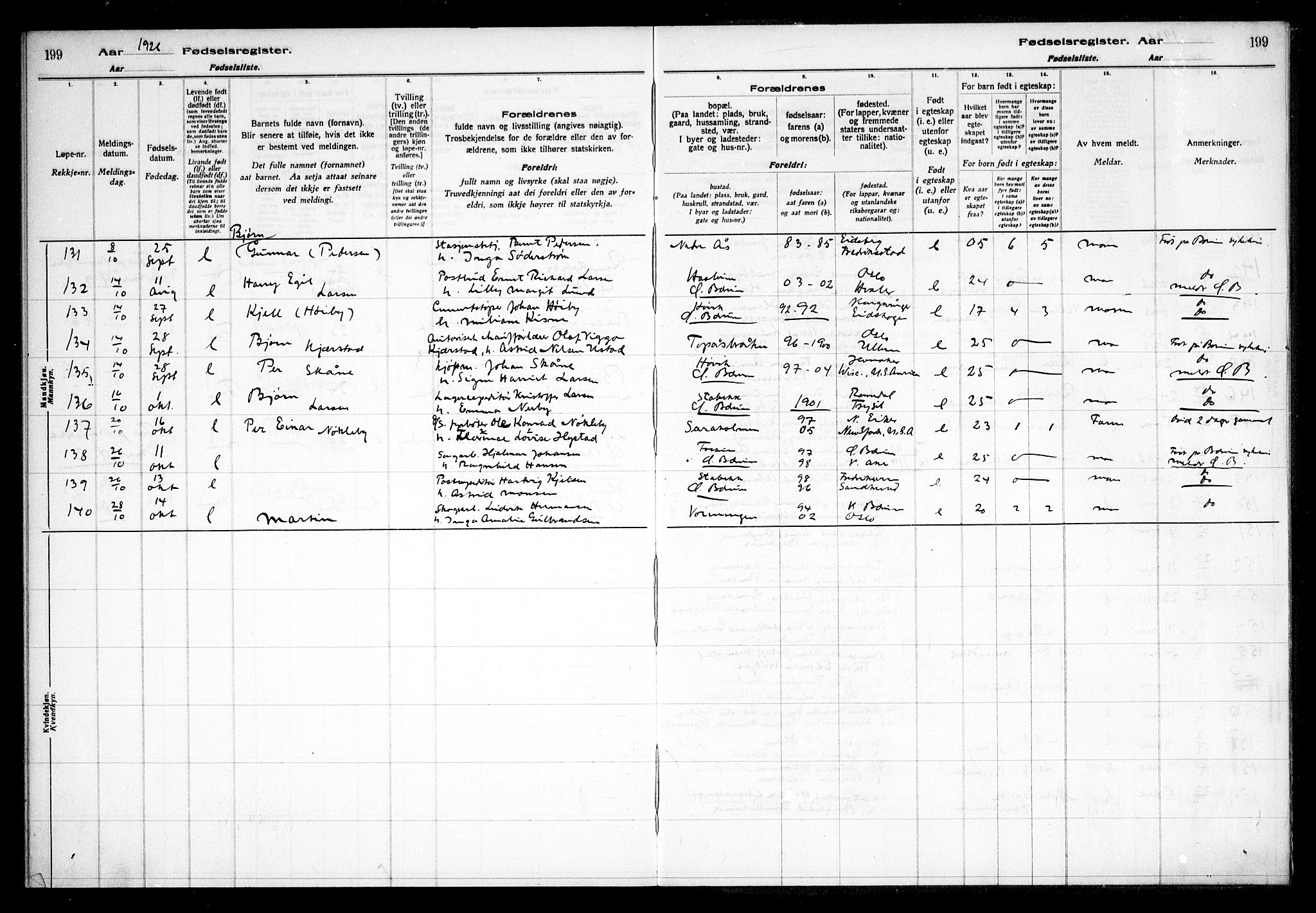 Vestre Bærum prestekontor Kirkebøker, AV/SAO-A-10209a/J/L0001: Birth register no. 1, 1916-1926, p. 199