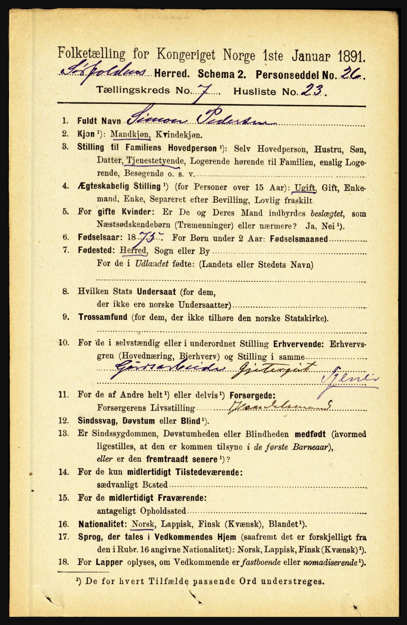 RA, 1891 census for 1845 Sørfold, 1891, p. 2362