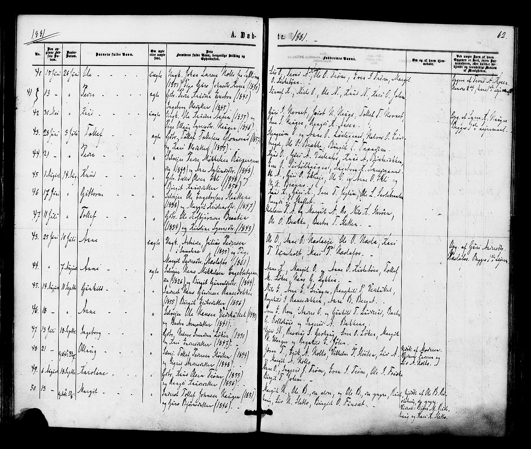 Gol kirkebøker, AV/SAKO-A-226/F/Fa/L0004: Parish register (official) no. I 4, 1876-1886, p. 62