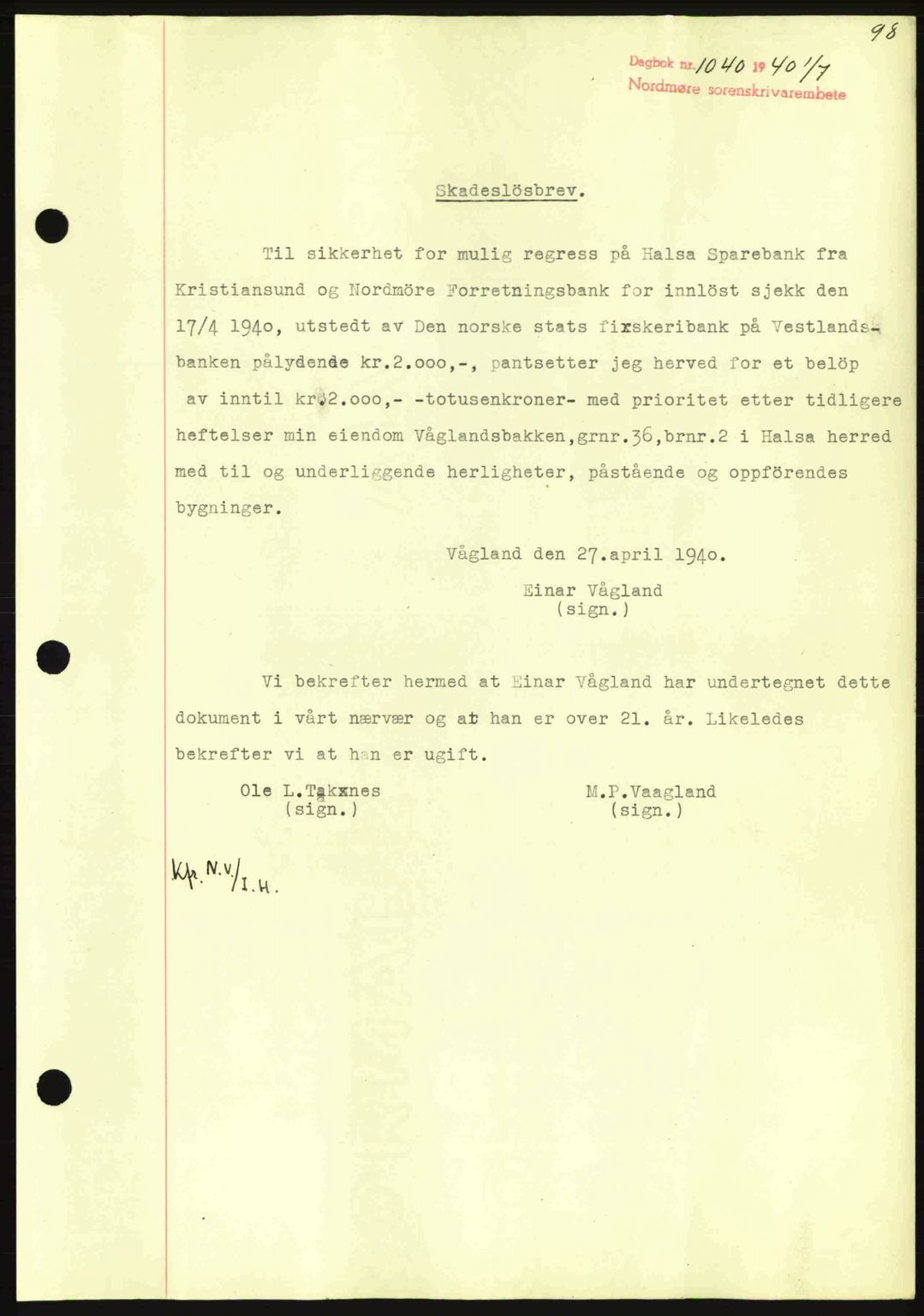 Nordmøre sorenskriveri, AV/SAT-A-4132/1/2/2Ca: Mortgage book no. B87, 1940-1941, Diary no: : 1040/1940