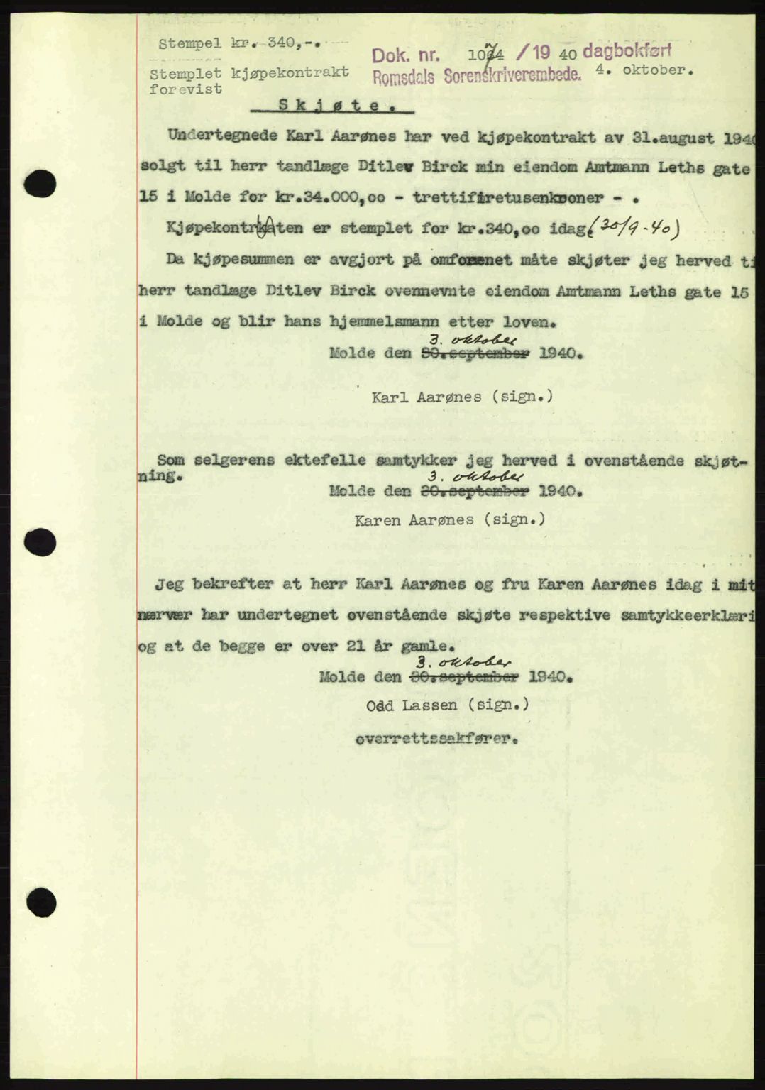 Romsdal sorenskriveri, AV/SAT-A-4149/1/2/2C: Mortgage book no. A8, 1939-1940, Diary no: : 1074/1940