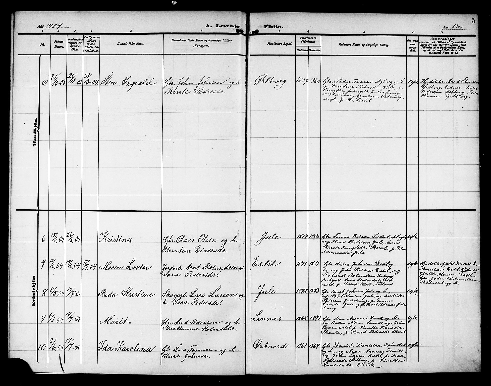 Ministerialprotokoller, klokkerbøker og fødselsregistre - Nord-Trøndelag, SAT/A-1458/757/L0506: Parish register (copy) no. 757C01, 1904-1922, p. 5