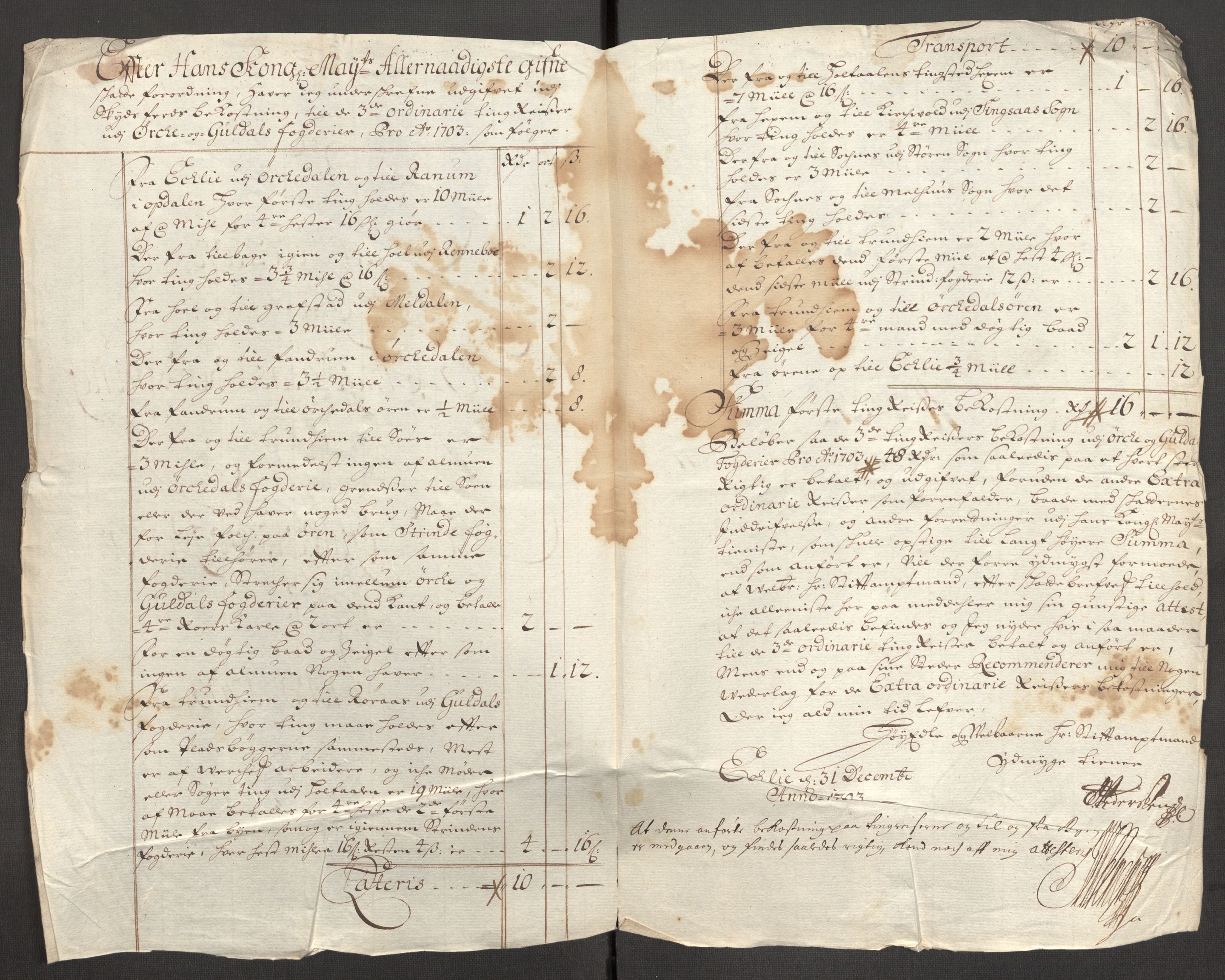 Rentekammeret inntil 1814, Reviderte regnskaper, Fogderegnskap, AV/RA-EA-4092/R60/L3953: Fogderegnskap Orkdal og Gauldal, 1703, p. 418