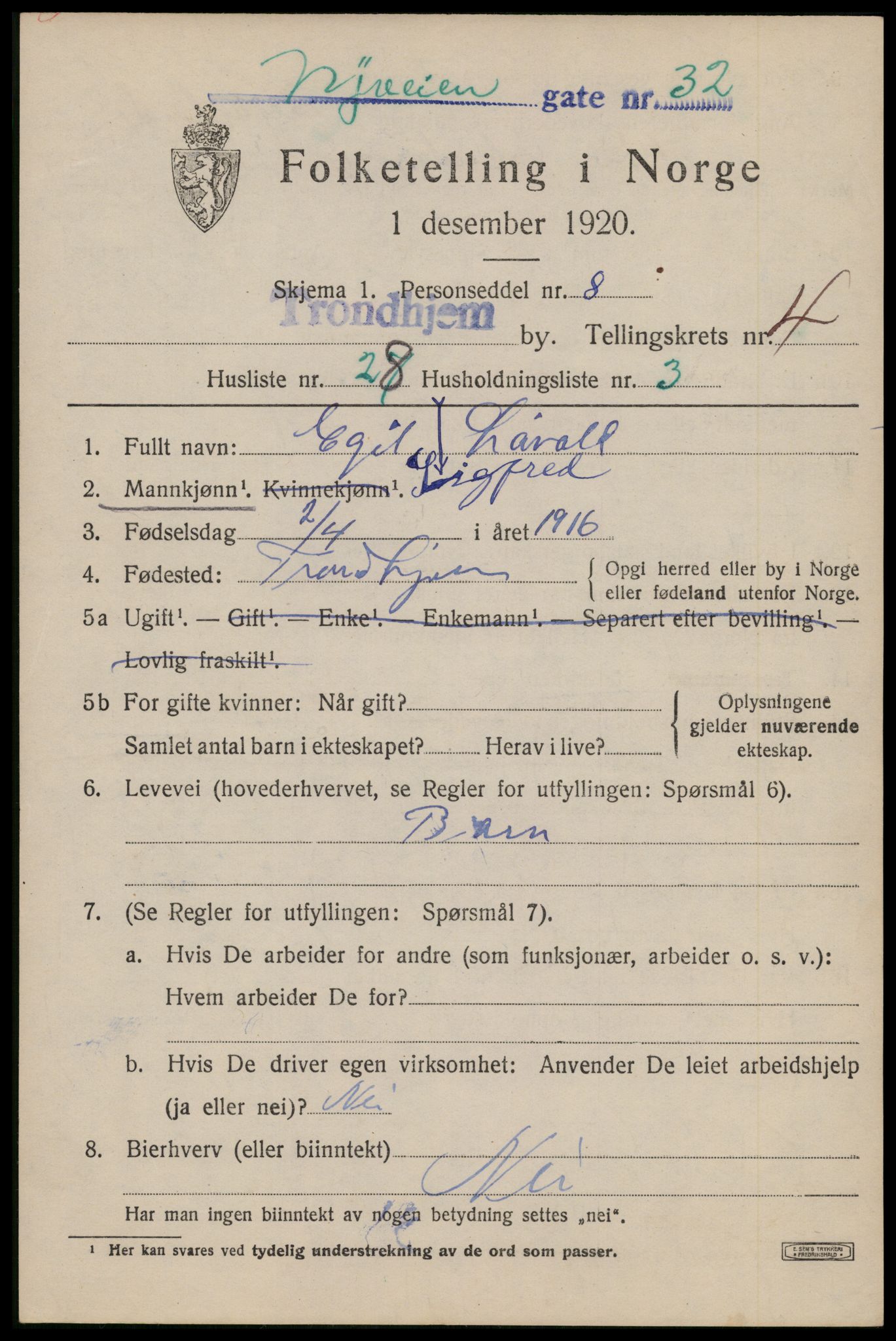 SAT, 1920 census for Trondheim, 1920, p. 37910