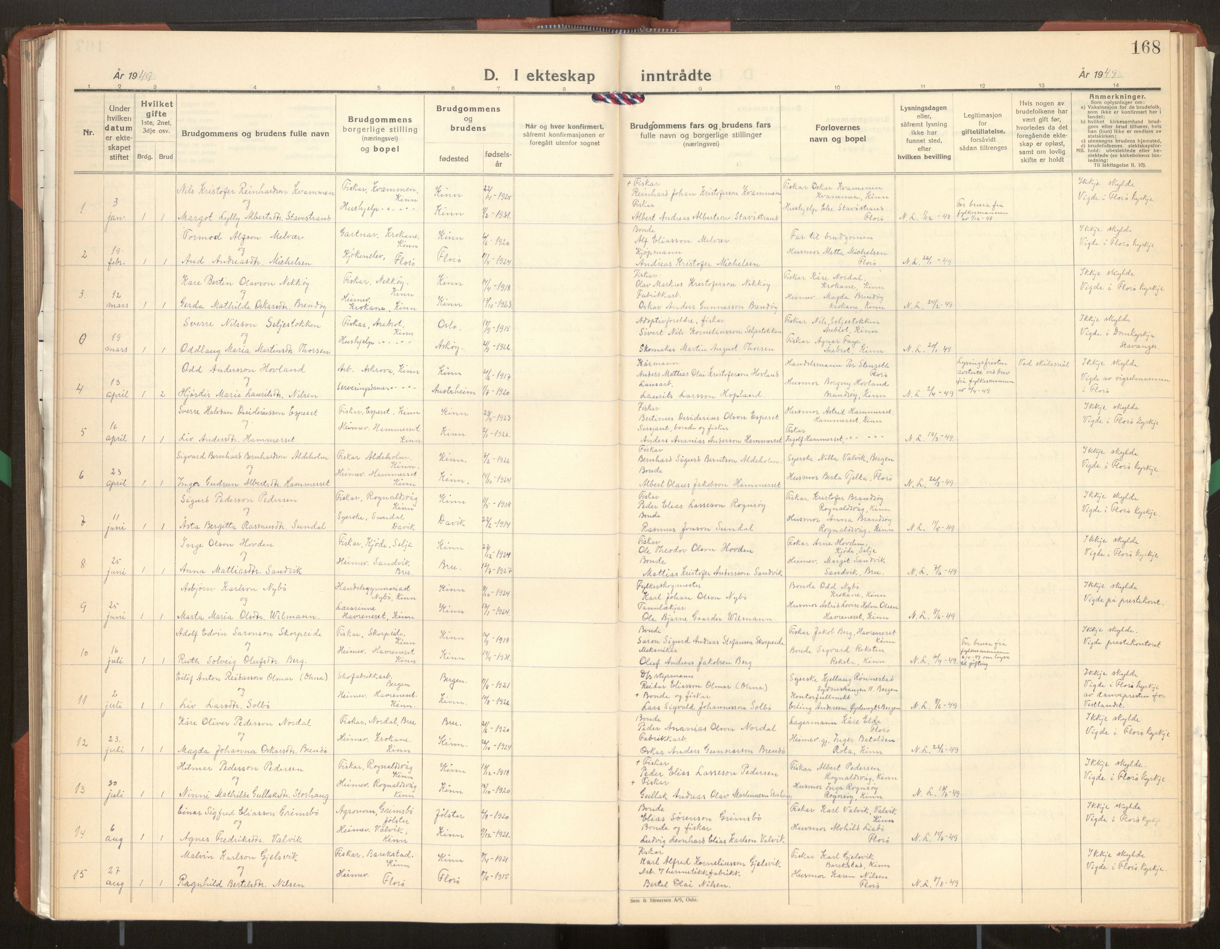 Kinn sokneprestembete, SAB/A-80801/H/Hab/Haba/L0003: Parish register (copy) no. A 3, 1939-1960, p. 168